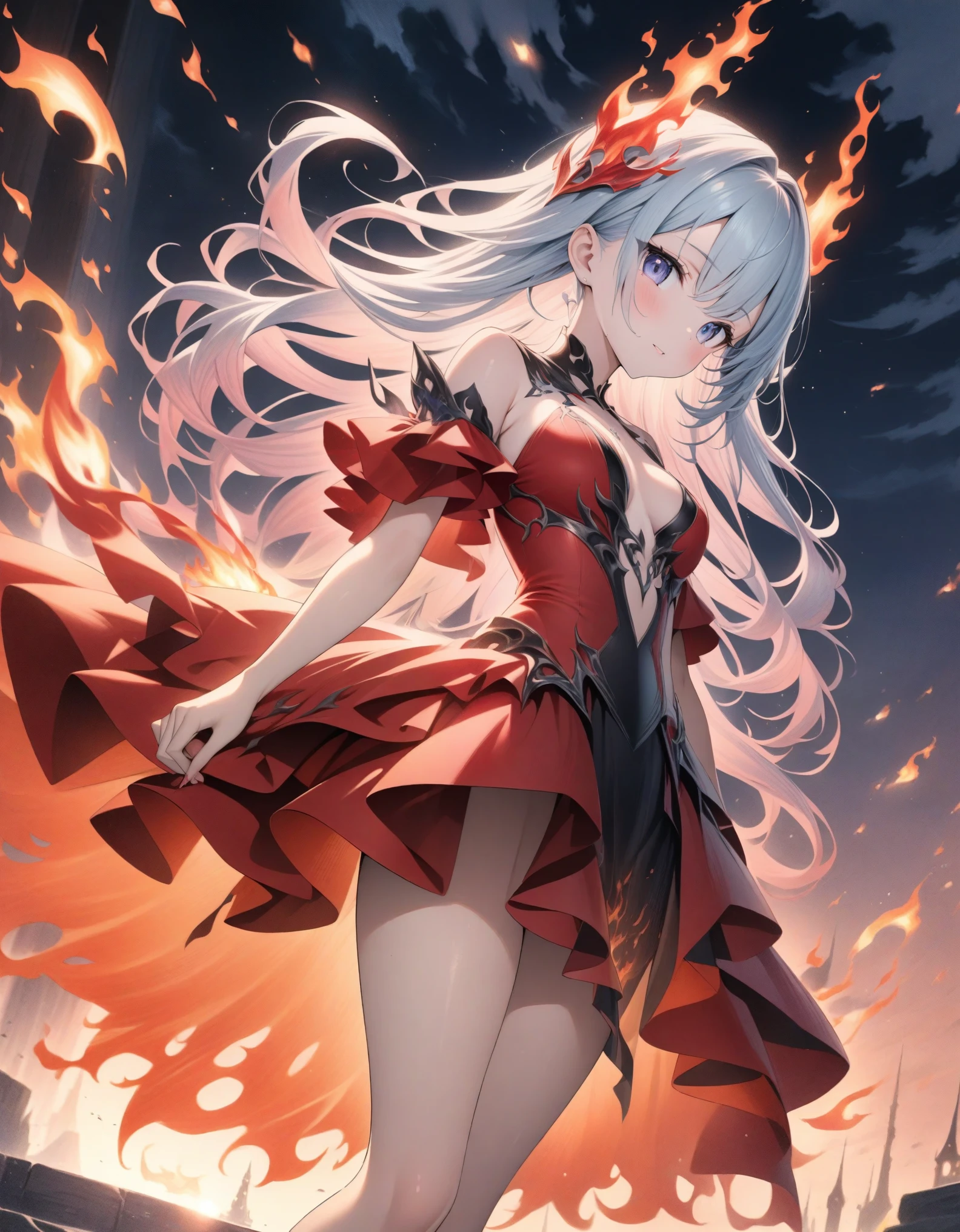 ((style:Colored pencil,pale colour)),(anime)、(masterpiece:1.2),atmospheric perspective,lens flare、Princess of Flame、Otherworldly fantasy、cute、Flames swirling all around、Red costume inspired by flames、Light effects、Fire effect
