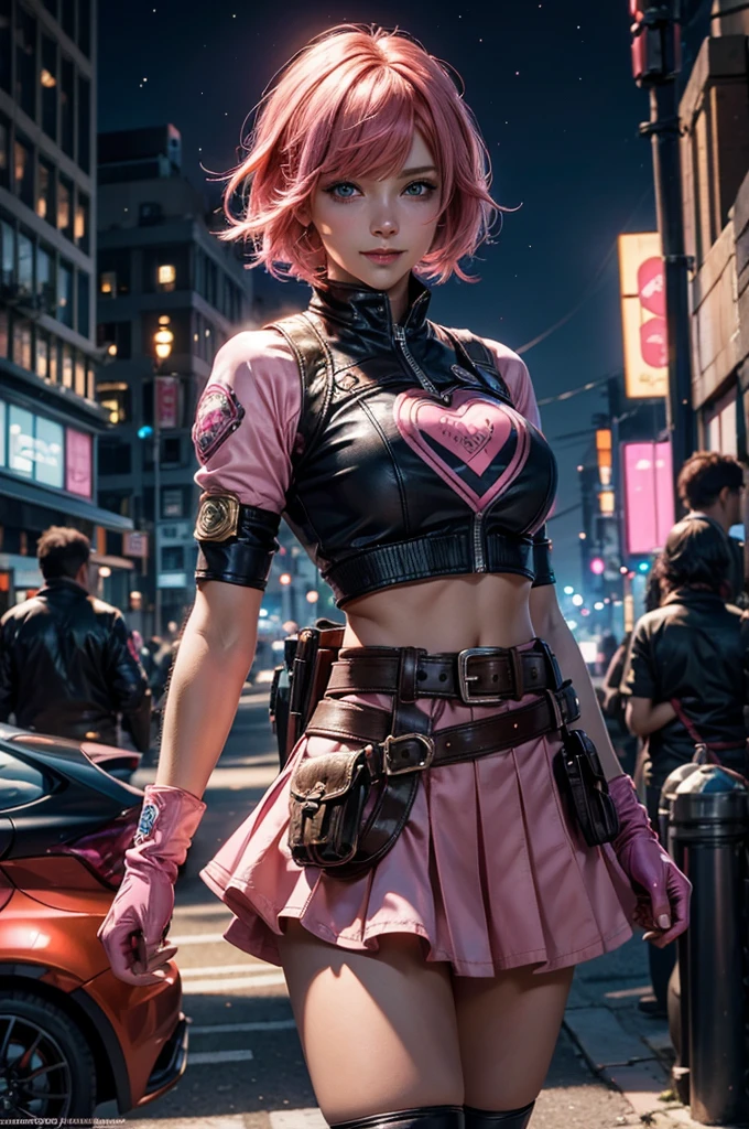 1girl,cowboy shot, beautiful nora_valkyrie, looking at viewer, smile, short hair, blue eyes,heart design on t-shirt, gloves, jacket, pink skirt, pink belt, short sleeves, puffy sleeves, single armband, fingerless gloves, orange hair, pink gloves, dynamic pose, night, outdoors, city, (volumetric lighting), best quality, masterpiece, intricate details, tonemapping, sharp focus, hyper detailed, trending on Artstation,