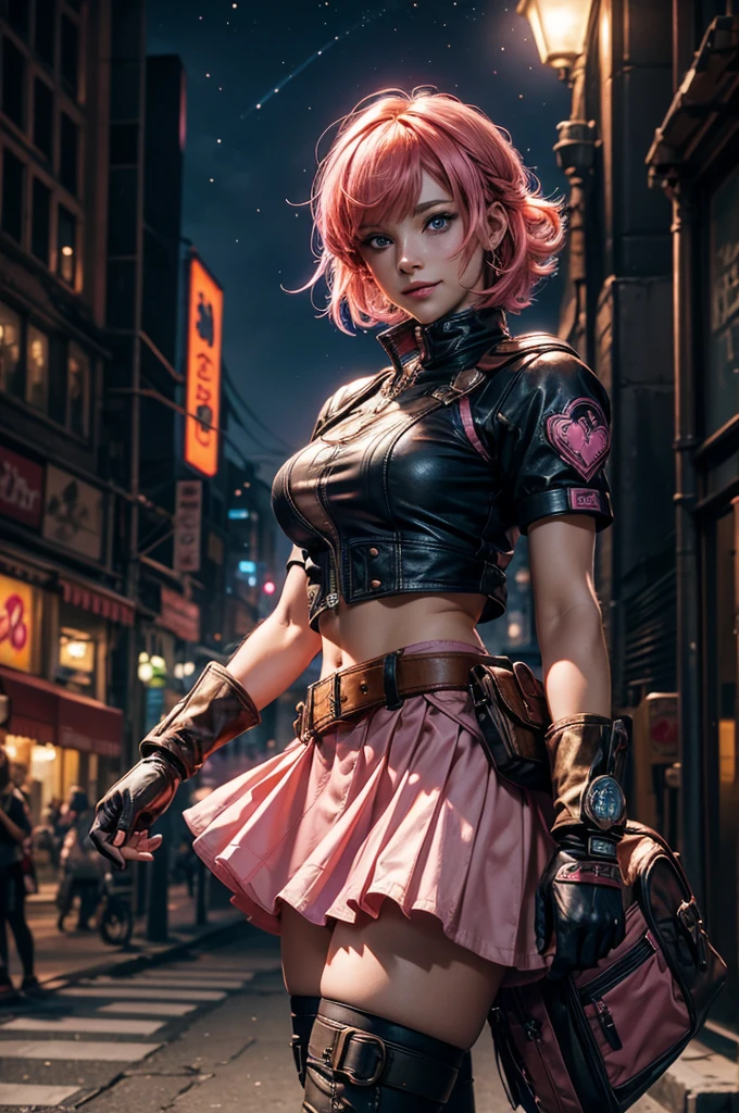 1 topless girl,cowboy shot, beautiful nora_valkyrie, looking at viewer, smile, short hair, blue eyes,heart cutout, gloves, jacket, pink skirt, pink belt, short sleeves, puffy sleeves, single armband, fingerless gloves, orange hair, pink gloves, dynamic pose, night, outdoors, city, (volumetric lighting), best quality, masterpiece, intricate details, tonemapping, sharp focus, hyper detailed, trending on Artstation, green thong