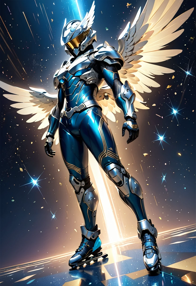 (masterpiece, best quality:1.1),
(ultra highres, ultra-detailed:1.2) ,male,God floating in air,Winged Helmet,mechanical silver wings,rollerblade,Metallic Light bodysuit,(fullbody),divine,beautiful effects,dynamic pose,(Glitter:1.5) ,(blue sparkle:1.5) ,