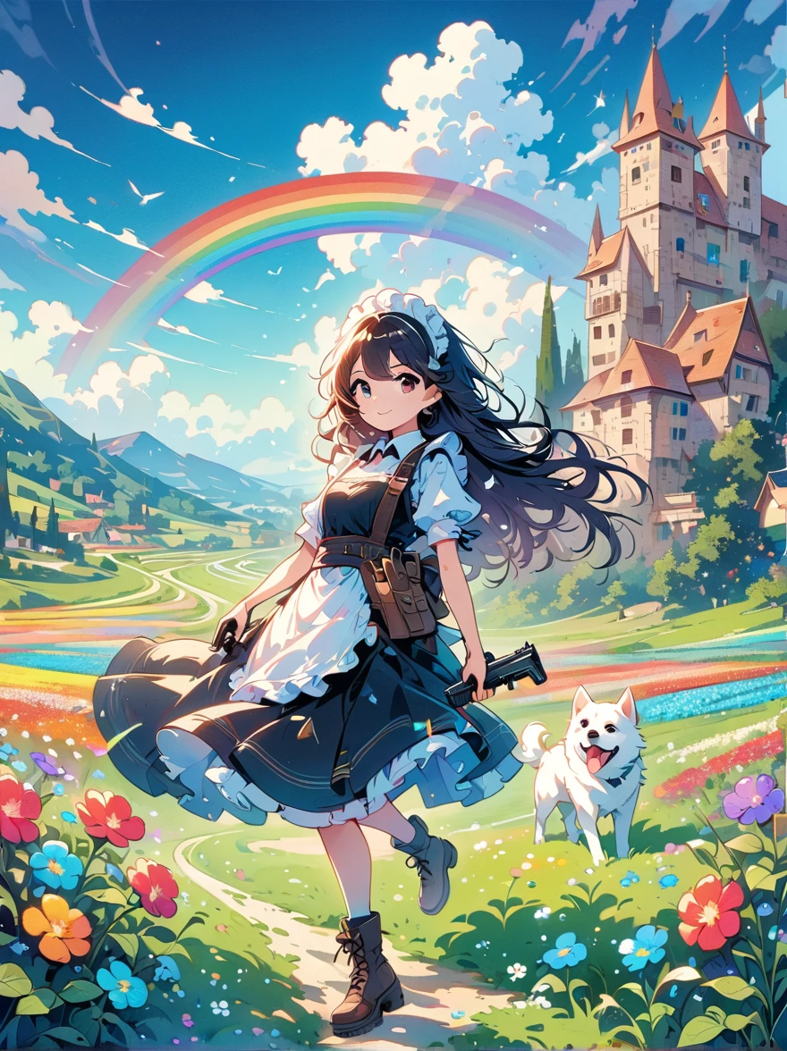 French countryside，Illustration of a cute girl，Black long hair，Wearing maid outfit, maid，Holding a white dog，Walking in the flower fields，Cloudy sky in the background，Right hand holding the gun，The gun is pointed at you，Happy expression，digital art style，Rough Line Work，Flat illustration style，Vibrant colors，The breath of spring，Landscape photos，high resolution，high quality，High Detail，Colorful, rainbow, small , Contrasting colors, in the spring landscape, icon design, Rozmin trip, vector art, Solitary，Abstract surreal colors, Popular geometric surrealism, rainbow色的梦想