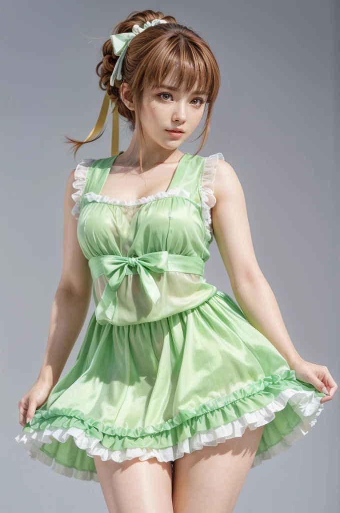 Absurd, high resolution, super detailed, (1 girl:1.3),
Green high fork swimsuit, ballet socks, tutu, standing, dark room, slim, pretty dream girl, bright purple thigh socks, silky texture, lace stocking edge