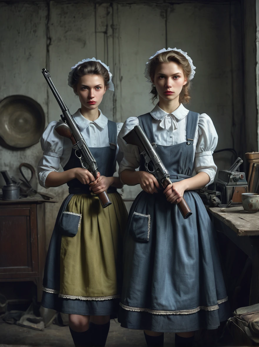 Realistic portraits of Soviet maids in an old photo studio, Maid costume, Right hand holding the gun,The gun is pointed at you,dark light, heavy atmosphere, Pastel colors of skirts, Light skin face, Rembrandt Light, Andrea Kowch Style,bruce munro style , Character concept design,