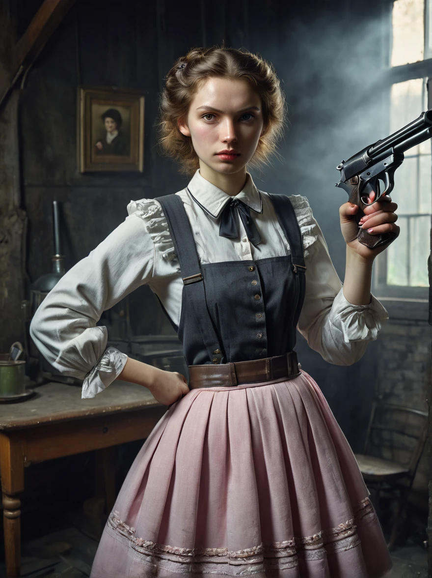 Realistic portraits of Soviet maids in an old photo studio, Maid costume, Right hand holding the gun，The gun is pointed at you，dark light, heavy atmosphere, Pastel colors of skirts, Light skin face, Rembrandt Light, Andrea Kowch Style，bruce munro style , Character concept design, 