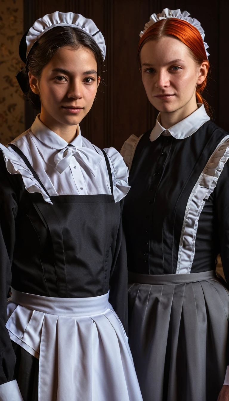 a young maid and an older maid, detailed realistic portrait, two women, one younger and one older, maid outfits suited to their ages, high quality, photorealistic, hyper detailed, intricate details, vibrant colors, dramatic lighting, cinematic composition, masterpiece