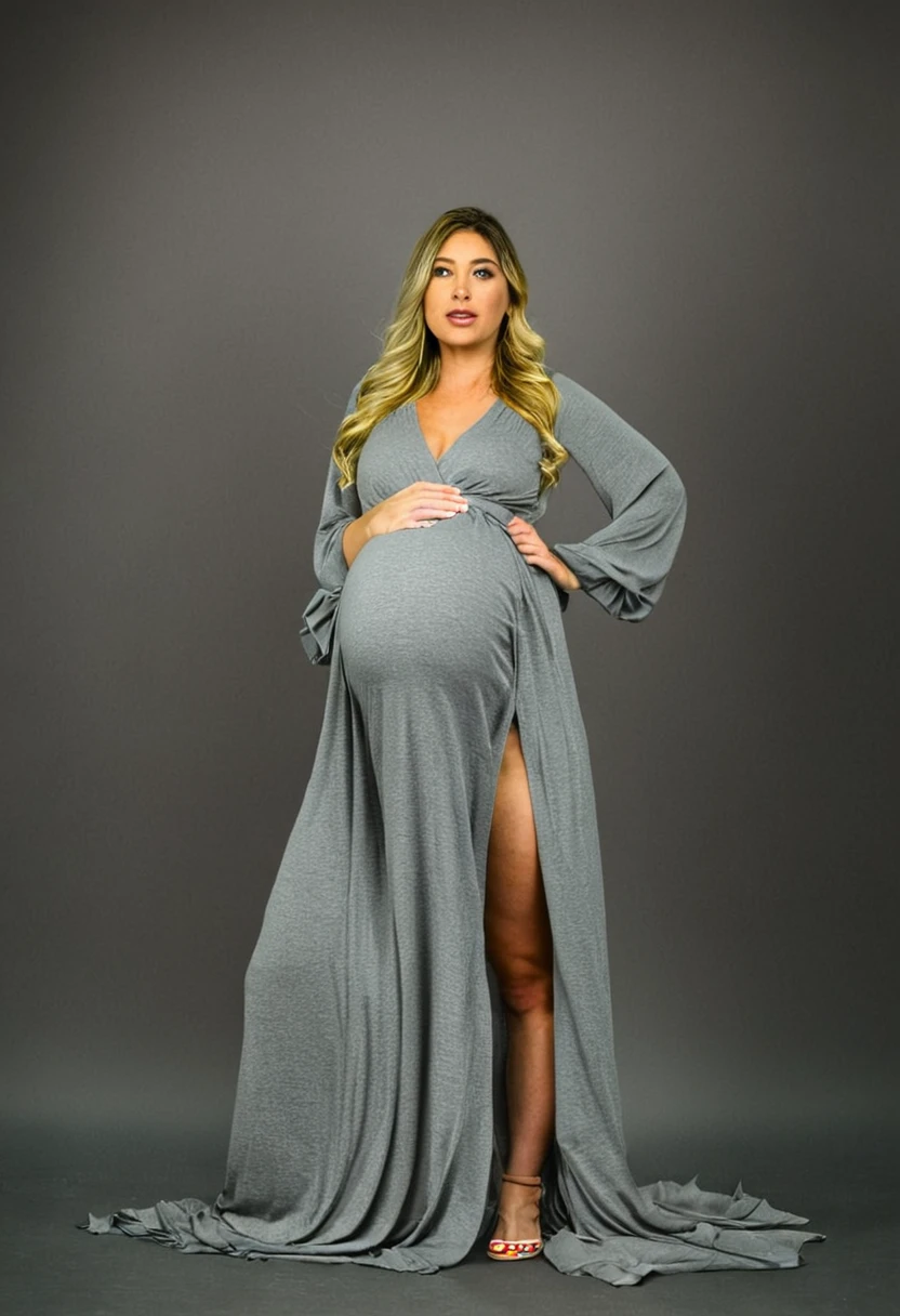 Pregnant woman in a gray dress posing for a photo, full body photoshoot