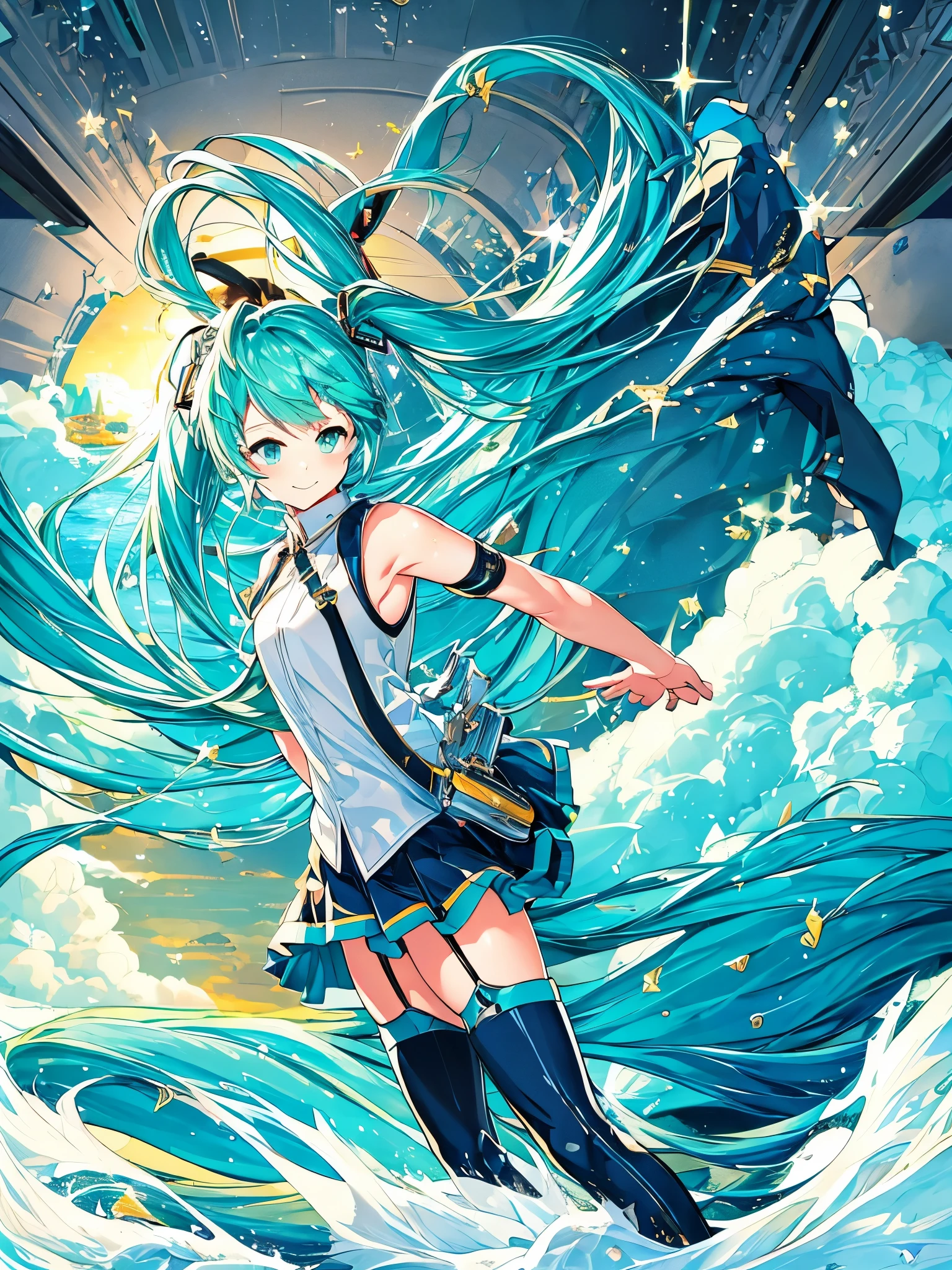 ((masterpiece)),(highest quality),Official Art,Highly detailed CG,unity 8k wallpaper,Super detailed,Lighthouse on top of a cliff by the sea,One girl,alone,Cowboy Shot,Hatsune Miku,View Viewer,Sleeveless shirt,White shirt,fringe,smile,Black knee socks,Hair between the eyes,Twin tails,Very long hair,Aqua Eye,Aqua Hair,Removable sleeves,mini skirt,aqua necktie,Thigh-high boots,