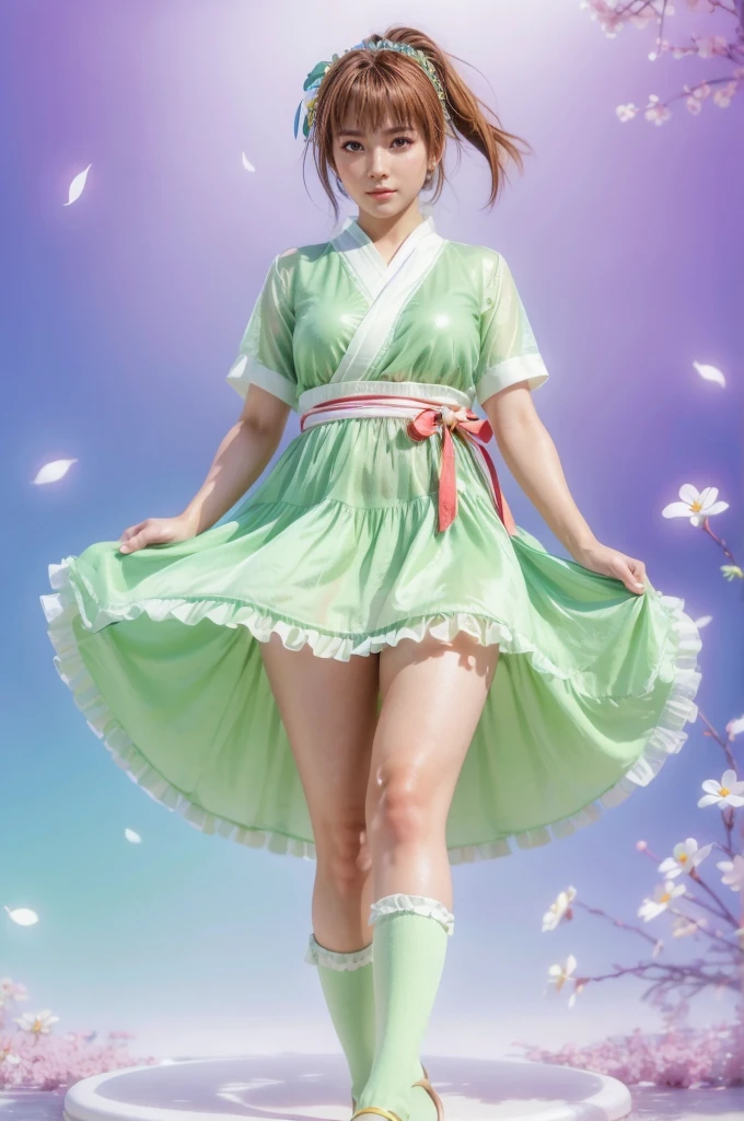 Kasumi, brown eyes, (best quality, ultra-detailed), (realistic:1.37), beautiful and detailed face, ultra-realistic texture, delicate face, delicate body, red lipstick, bright colors. High definition, 8K, well defined legs