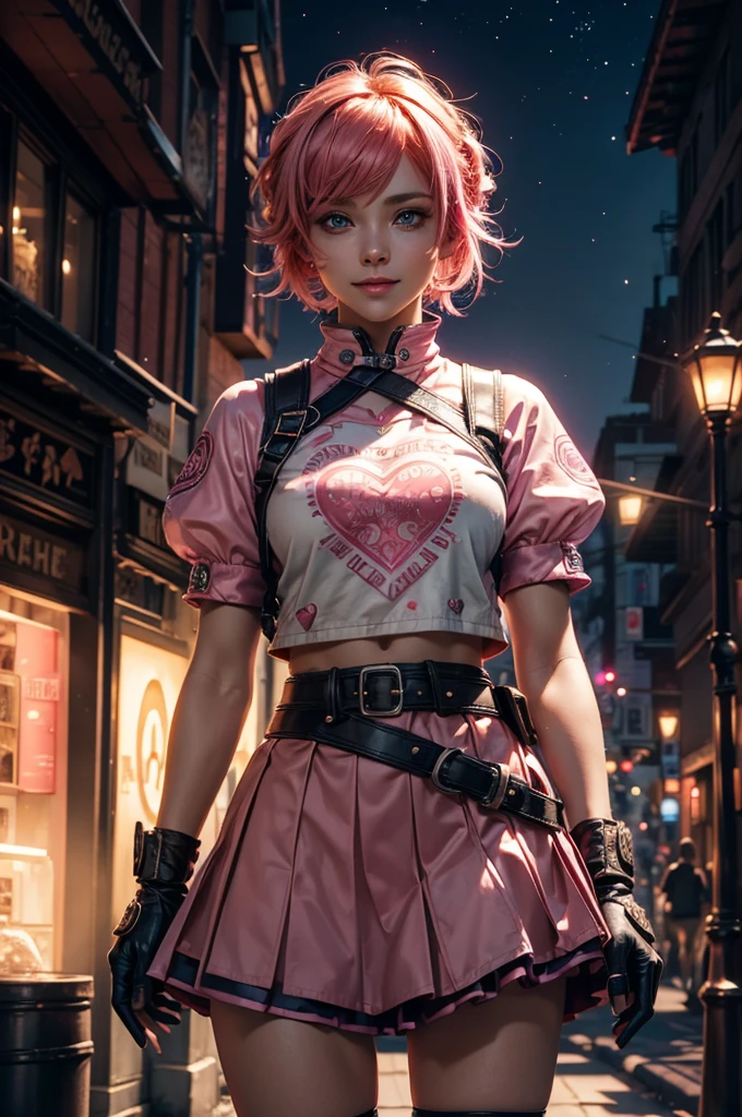 1girl,cowboy shot, beautiful nora_valkyrie, looking at viewer, smile, short hair, blue eyes,heart design on t-shirt, gloves, short jacket, pink skirt, pink belt, short sleeves, puffy sleeves, single armband, fingerless gloves, short hair, orange hair, pink gloves, dynamic pose, night, outdoors, city, (volumetric lighting), best quality, masterpiece, intricate details, tonemapping, sharp focus, hyper detailed, trending on Artstation,