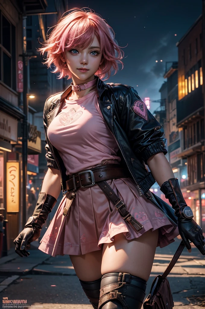  1girl,cowboy shot, beautiful nora_valkyrie, looking at viewer, smile, short hair, blue eyes,heart design on t-shirt, gloves, short jacket, pink skirt, pink belt, short sleeves, puffy sleeves, single armband, fingerless gloves, short hair, orange hair, pink gloves, dynamic pose, night, outdoors, city, (volumetric lighting), best quality, masterpiece, intricate details, tonemapping, sharp focus, hyper detailed, trending on Artstation,