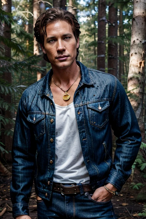 Linden Ashby, Noah Stilinski, Teen Wolf, 40 years old, short messy light brown hair, honey eyes,
black denim jacket with gold edges, dark blue shirt with fox print, blue denim jeans with silver belt, black open denim jacket, dark blue shirt, gold fox pendant, white fox print. forest background fox aura around black color