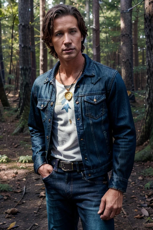 Linden Ashby, Noah Stilinski, Teen Wolf, 40 years old, short messy light brown hair, honey eyes,
black denim jacket with gold edges, dark blue shirt with fox print, blue denim jeans with silver belt, black open denim jacket, dark blue shirt, gold fox pendant, white fox print. forest background fox aura around black color