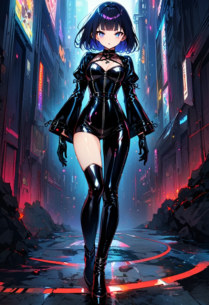 (Full body image of a girl in latex gothic fashion: 1.5), Japanese Manga, Lovely, Smokey Makeup, Dark blue hair, Blunt bangs, Straight Short Bob, Three blue white eyes, Black gloves, Latex knee high boots, High gloss finish, Very detailed, (underground), 8k.