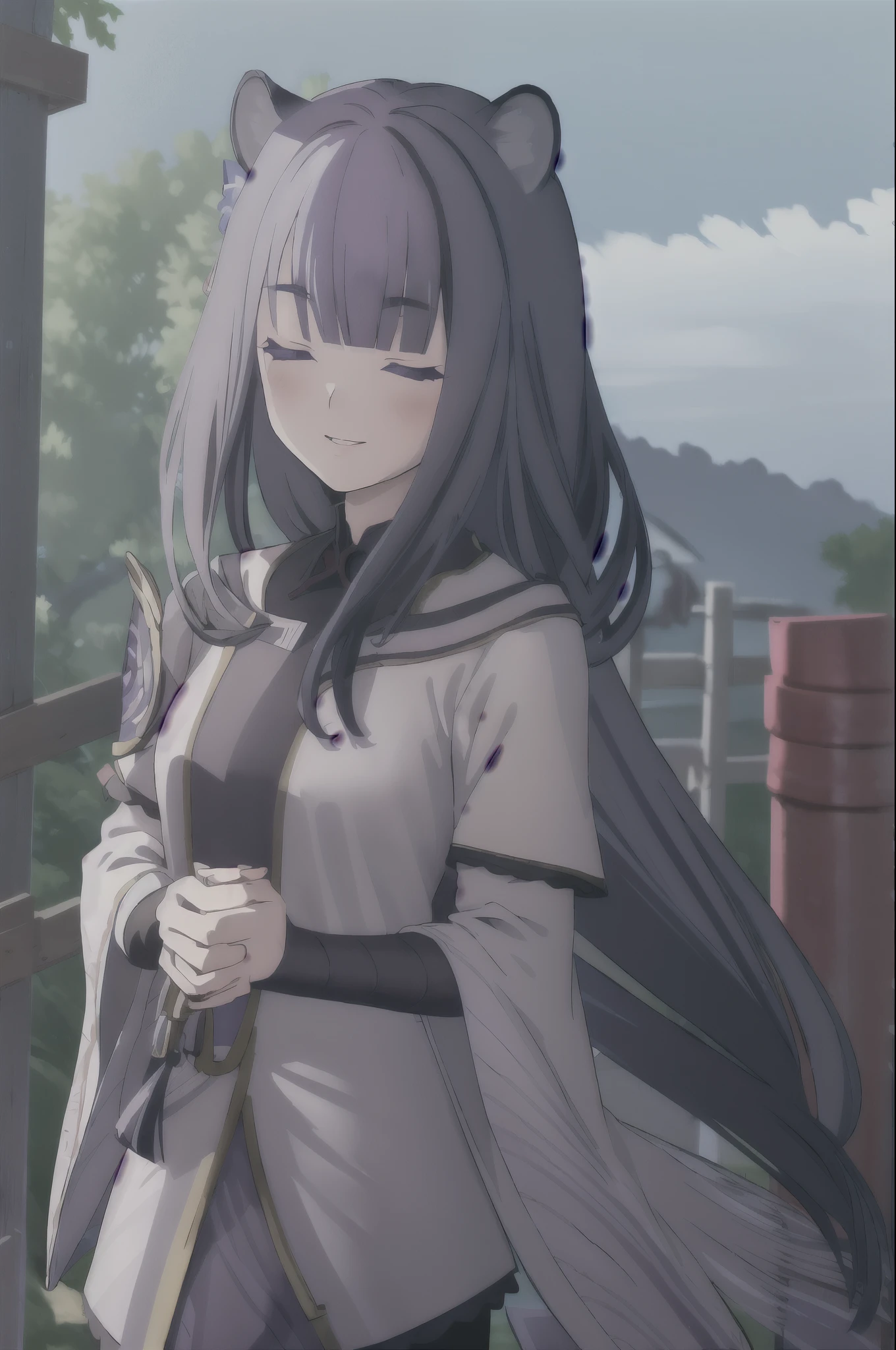 ((masterpiece)), (best quality), (ultra-detailed), photorealistic, (best illustration), ((an extremely delicate and beautiful)), 1girl, solo, long hair, tiger ears, [:tiger tail under:0.2], white hair, two-tone hair, (Alternative outfit:1), cross-laced, standing, closed eyes, smile, short sleeves, detailed scenery, blue sky, horizon, low twin braids, twin braids, hair ornament, bracelet, (serious look:0.9), blush,  mature woman, japanese clothes, sash, purple eyes, obi, bridal gauntlets, mole under eye, looking at viewer, long hair, purple hair, bangs, mole, hair ornament, smile, wide sleeves, kimono, off shoulder, sakura trees background, sakura trees, leafs falling, smiling, long sleeves, tomoe \(symbol\), armor, obiage, purple nails, vision \(genshin impact\), mitsudomoe \(shape\), sidelocks, blunt bangs, braid, breasts, ribbon, 