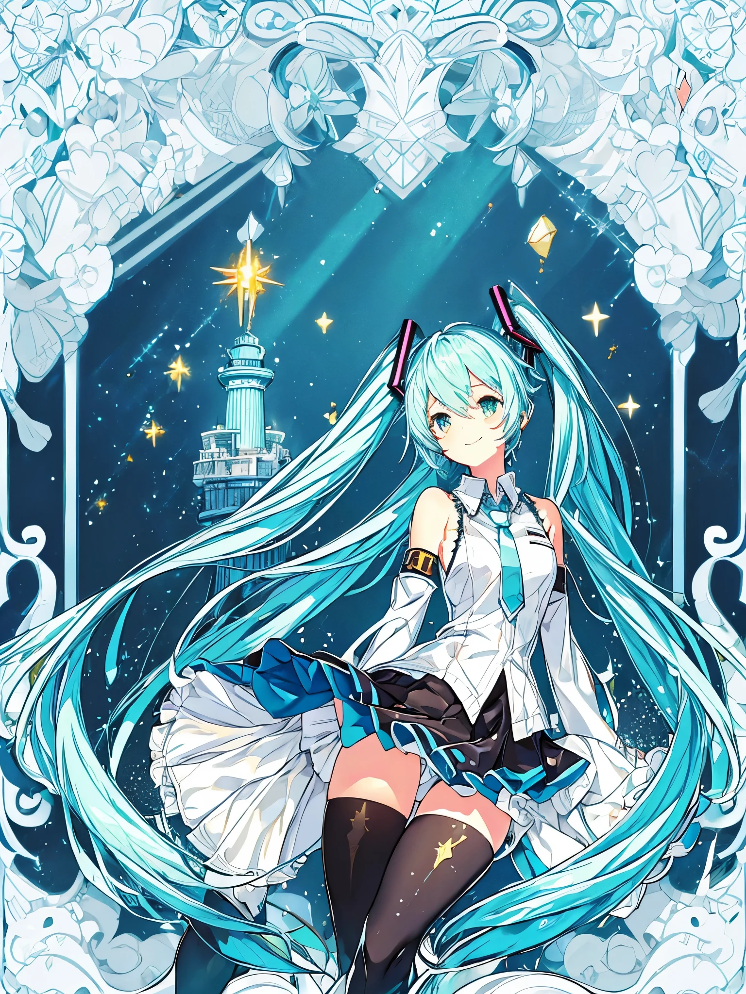 ((masterpiece)),(highest quality),Official Art,Highly detailed CG,unity 8k wallpaper,Super detailed,Lighthouse on top of a cliff by the sea,One girl,alone,Cowboy Shot,Hatsune Miku,View Viewer,Sleeveless shirt,White shirt,fringe,smile,Black knee socks,Hair between the eyes,Twin tails,Very long hair,Aqua Eye,Aqua Hair,Removable sleeves,mini skirt,aqua necktie,Thigh-high boots,