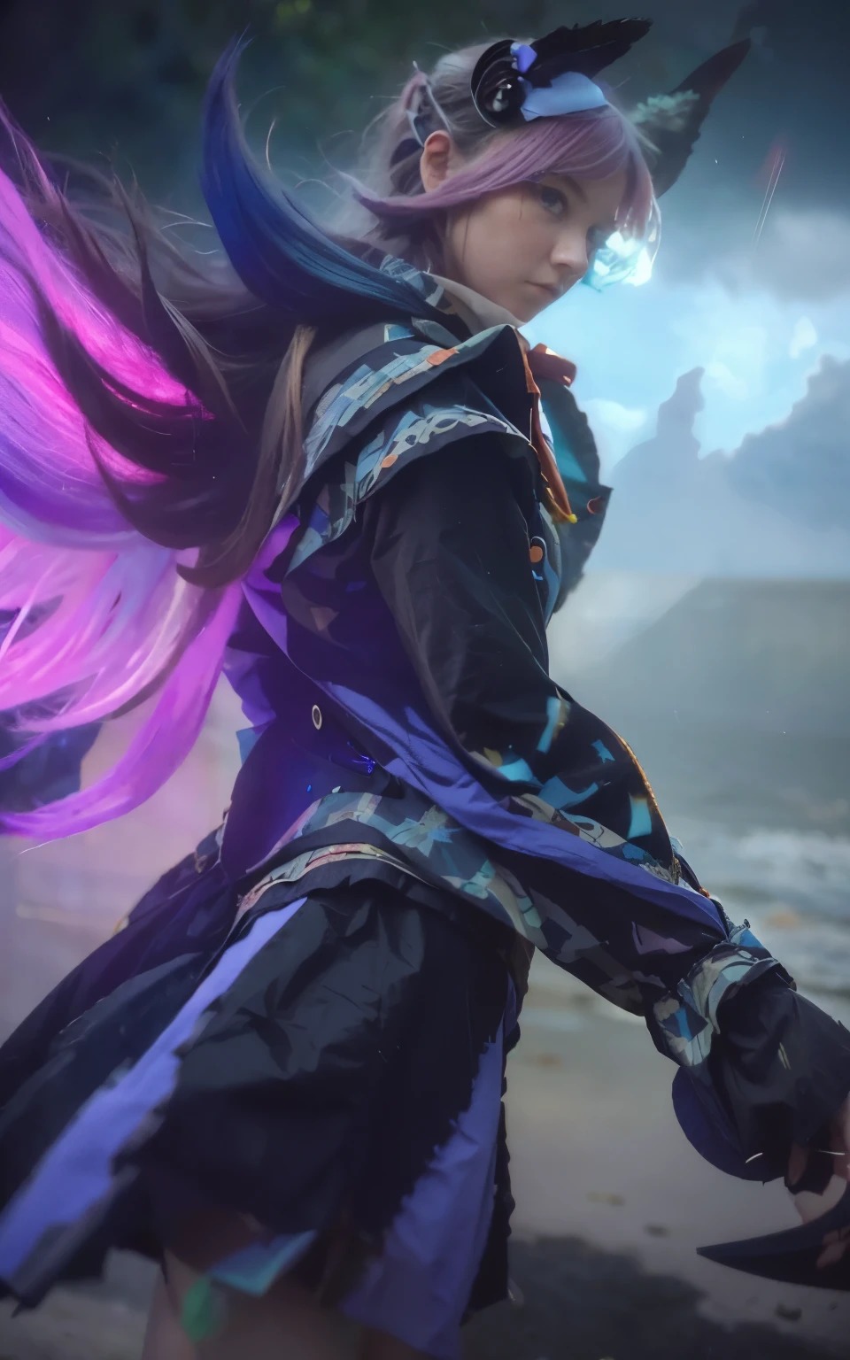(1girl, koko), (guitar solo), bubble skirt, aqua shirt, bow, bowtie, buttons, collared shirt, expressionless, eyebrows hidden by hair, fox mask, cowboy shot, long hair, long sleeves, mask, multicolored buttons, pink eyes, pink hair, orange skirt, plaid, plaid shirt, purple bow, purple bowtie, shirt, skirt, solo, very long hair, sea, ocean, beach, cloudy, sunrays, dusk, moon, cloud, sky, outdoors, cloudy sky, leaf, ruins, sunbeam, post-apocalypse, side view