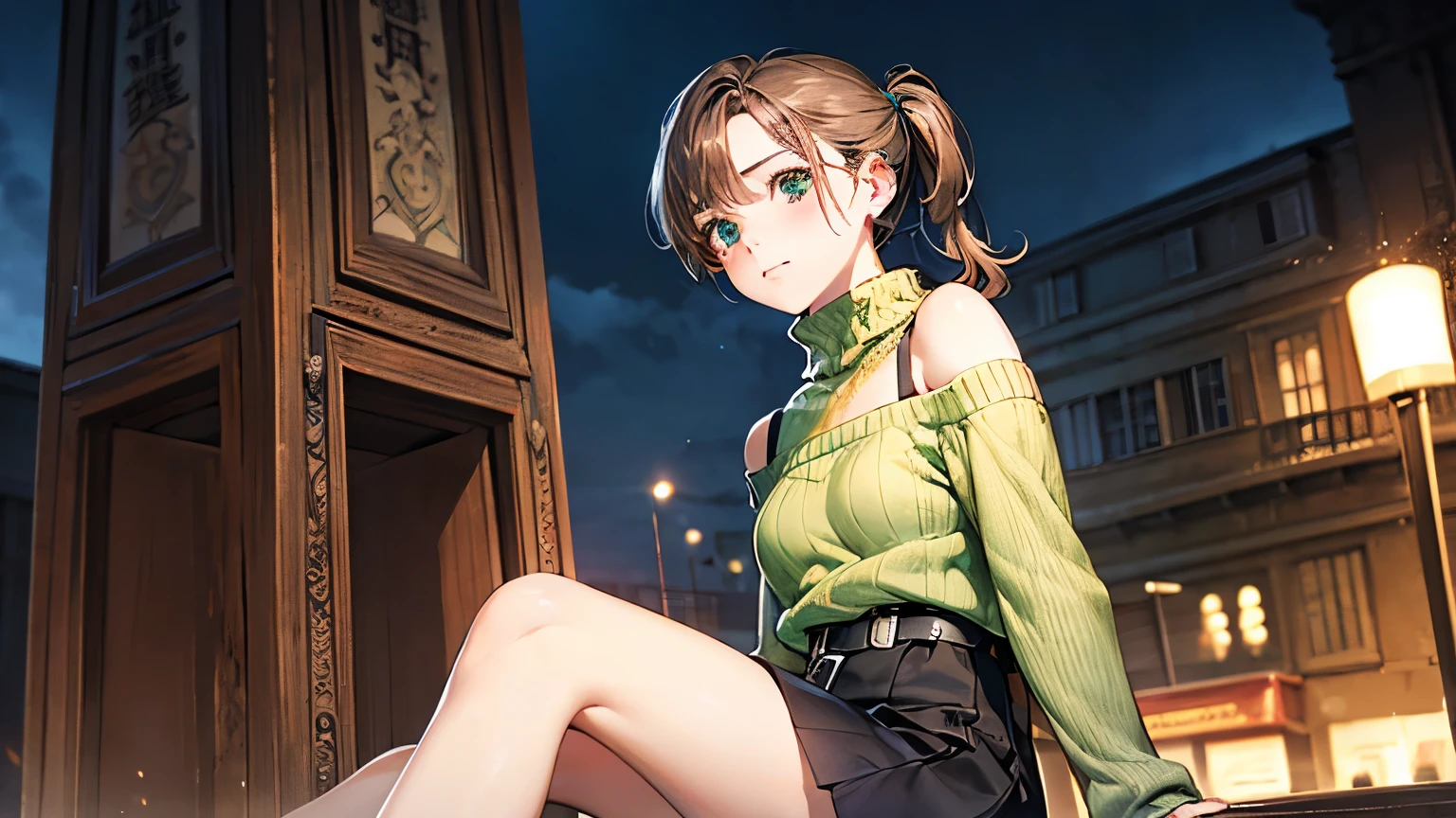 (masterpiece:1.2, highest quality), (Realistic, photoRealistic:1.4), Beautiful illustrations, (Natural Side Lighting, Cinema Lighting),
avert your eyes, (From below), 1 girl, 日Book語, high school girl, , Perfect Face, Perfect body, Cute and symmetrical face, Shiny skin, Baby Face, short hair:1.5, (Low Ponytail):1.6, Long sideburns, Light brown hair), Asymmetrical bangs, Dark blue eyes, Big eyes, Droopy eyes, (Middle chest, Captivating thighs, Big Ass),
Beautiful Hair, Beautiful Face, Beautiful fine details, Beautiful clavicle, Beautiful body, Beautiful breasts, Beautiful thighs, Beautiful feet, Beautiful fingers, Bookを持っている,
(((Off-the-shoulder light yellow-green sweater), Sleeveless Black Turtleneck Sweater, 茶色のタイトmini skirt), belt, emerald green hair ribbon),
(Beautiful views), evening, (amusement park), walk, (put your hands in your hair), Bookを持っている, (Sad look), Bookを読んでいる,whole body,mini skirt,Attractive legs,手にBookを持っている,Book