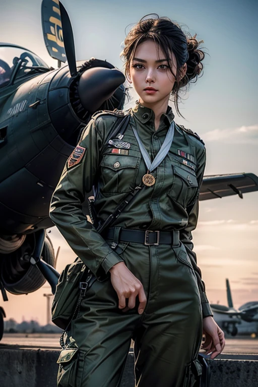 アメリカnull軍の軍服を着た美しい女性、1 girl、(Delicate face、Detailed eyes and face、double eyelid、Glossy lips)、Dark brown updo、null軍の軍服、Army Green Uniform、Highly detailed costume、There are many medal badges on the uniform、pants、boots、Fighter plane in the background、Mature adult woman、Slim Waist、Sharp long legs、(8K,highest quality, masterpiece、Ultra-high resolution)、Full body portrait, High-definition skin texture、null, Wind,Realistic、Official Art、Ultra-realistic