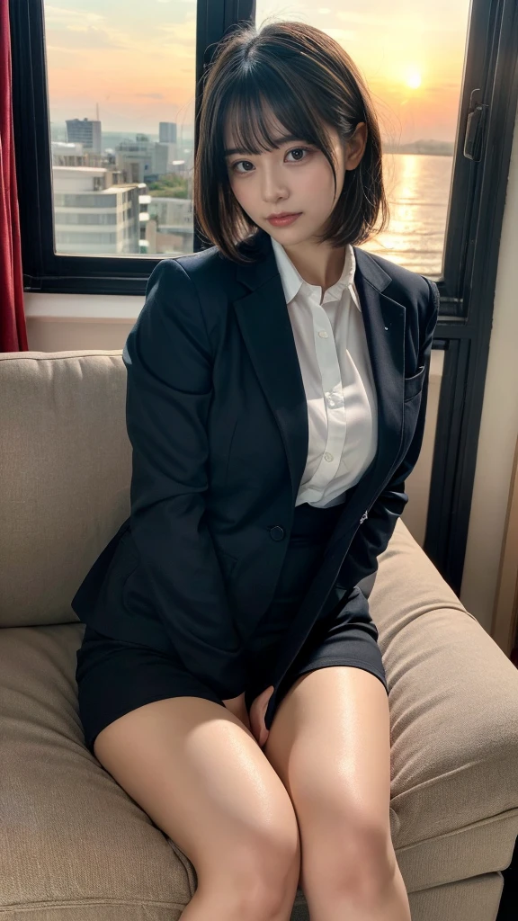 masterpiece, best quality, illustration, Super detailed, fine details, High resolution, 8K,wall paper, perfect dynamic composition,(Details High quality, realistic depiction of eyes:1.3), short hair, (wavy hair:1.2), Office Lady, ,Suit,Collared shirt, Black Suit,Black jacket, huge breasts,  black hair color, Big Natural Color Lip, bold sexy pose, crying a little、cold gaze, Harajuku style、20 year old girl、cute type、lolita、beautiful legs, hotel room, full body photo、focus on crotch, hposing Gravure Idol, Sexy shot looking at camera, Sunset, by the window, Summer, make up, Curve