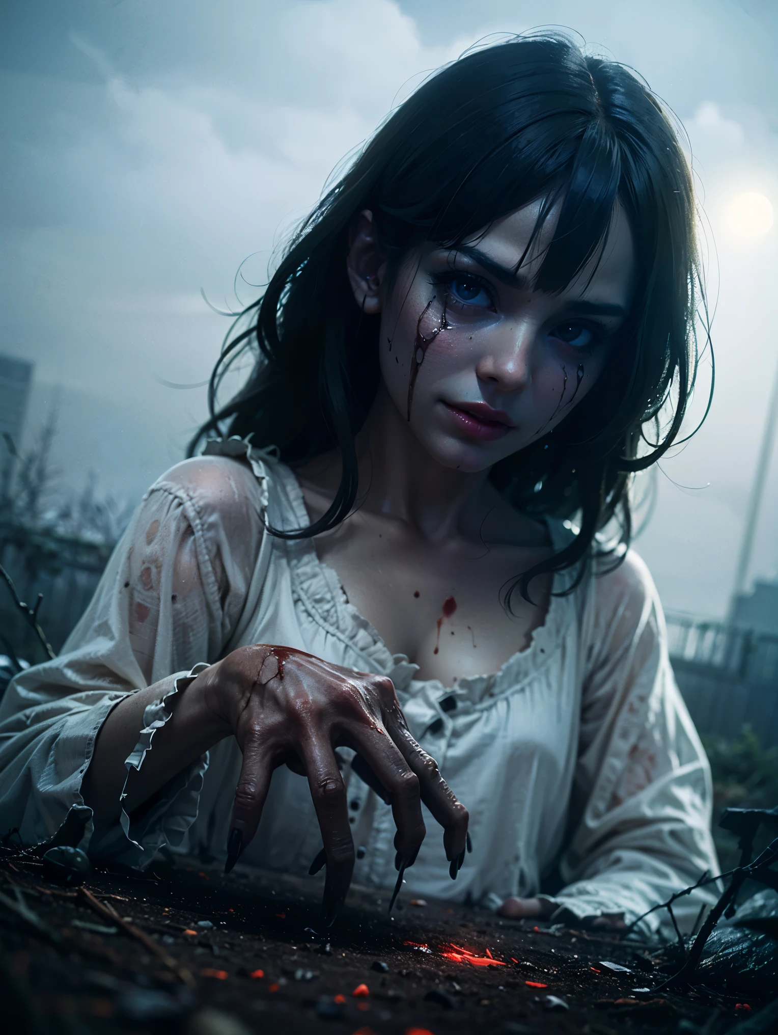 (best quality,4k,8k,highres,masterpiece:1.2),ultra-detailed,(realistic,photorealistic,photo-realistic:1.37),horror,small girl asian zombie,garden background,sharp focus,natural lighting,vivid colors,gruesome makeup,long black hair,eerie atmosphere,creepy expression,frightening eyes,rotting flesh,worn-out clothes,mysterious shadows,decaying flowers,foggy ambiance,dripping blood,unsettling silence,abandoned playground,haunting presence,ominous clouds,undead appearance,lonely and desolate scene,sinister aura,spooky aesthetic,nighttime setting,claw-like hands,intricate facial details,menacing smile,anime-inspired elements,horror movie vibes,rainy weather,ghostly figures,horror story illustration,dark and disturbing concept,accidental yet artistic,unsettlingly unique,beautifully terrifying.