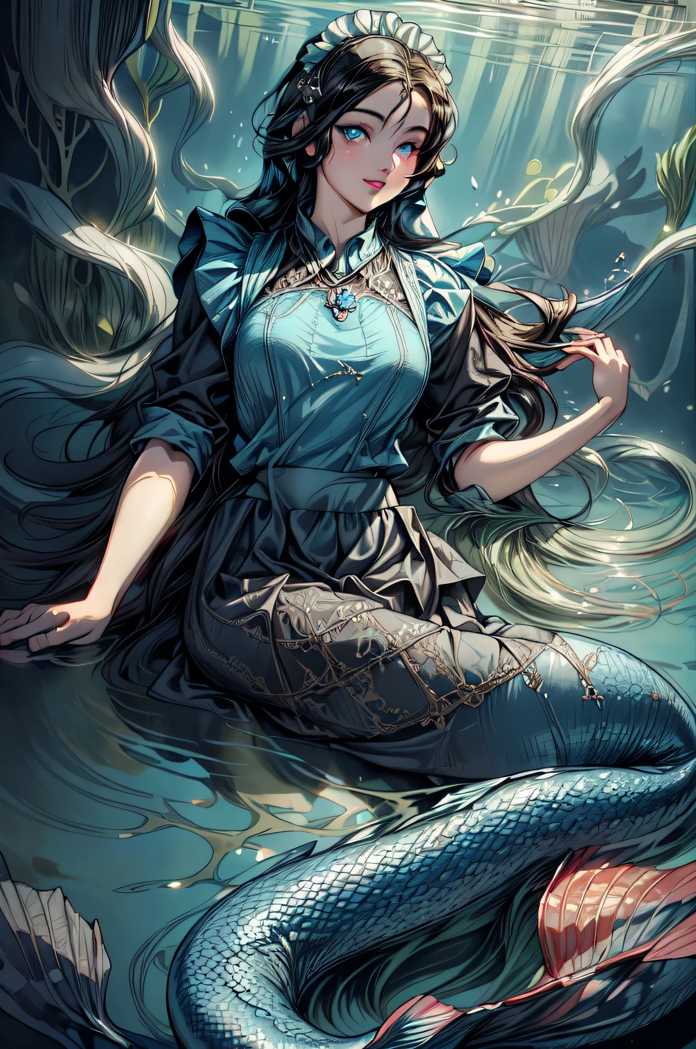 high details, best quality, 16k, ultra detailed, masterpiece, best quality, ((art deco style: 1.5)), full body, ultra wide shot, RAW, photorealistic, fantasy art, dnd art, rpg art, realistic art, an ultra wide picture of a mermaid under the sea (intricate details, Masterpiece, best quality: 1.4) , female mermaid, (blue: 1.3) skin, (green: 1,3) hair, long hair, swirling hair, intense eyes, small pointed ears, ((blue eyes)), ((glowing eyes)), wearing (black:1.3) ((maid outfit)) flowing ((maid outfit:1.4) wearing a ((flowing maid skirt: 1.5)), beautiful mermaid, you can see rich underwater life, fish, riff, dynamic fantasy blue beach background ((magical atmosphere)), high details, best quality, highres, ultra wide angle, SteampunkAI