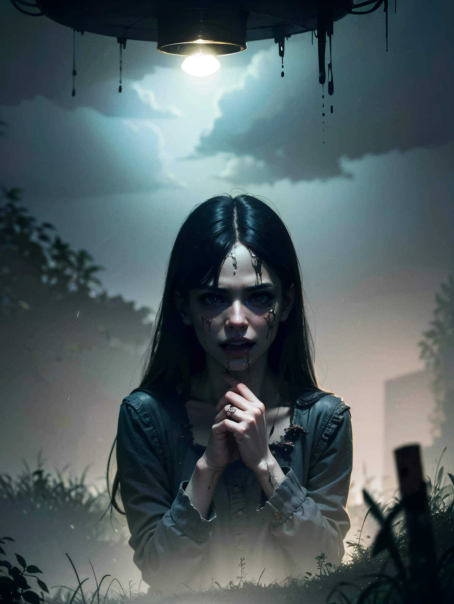 (best quality,4k,8k,highres,masterpiece:1.2),ultra-detailed,(realistic,photorealistic,photo-realistic:1.37),horror,small girl asian zombie,garden background,sharp focus,natural lighting,vivid colors,gruesome makeup,long black hair,eerie atmosphere,creepy expression,frightening eyes,rotting flesh,worn-out clothes,mysterious shadows,decaying flowers,foggy ambiance,dripping blood,unsettling silence,abandoned playground,haunting presence,ominous clouds,undead appearance,lonely and desolate scene,sinister aura,spooky aesthetic,nighttime setting,claw-like hands,intricate facial details,menacing smile,anime-inspired elements,horror movie vibes,rainy weather,ghostly figures,horror story illustration,dark and disturbing concept,accidental yet artistic,unsettlingly unique,beautifully terrifying.