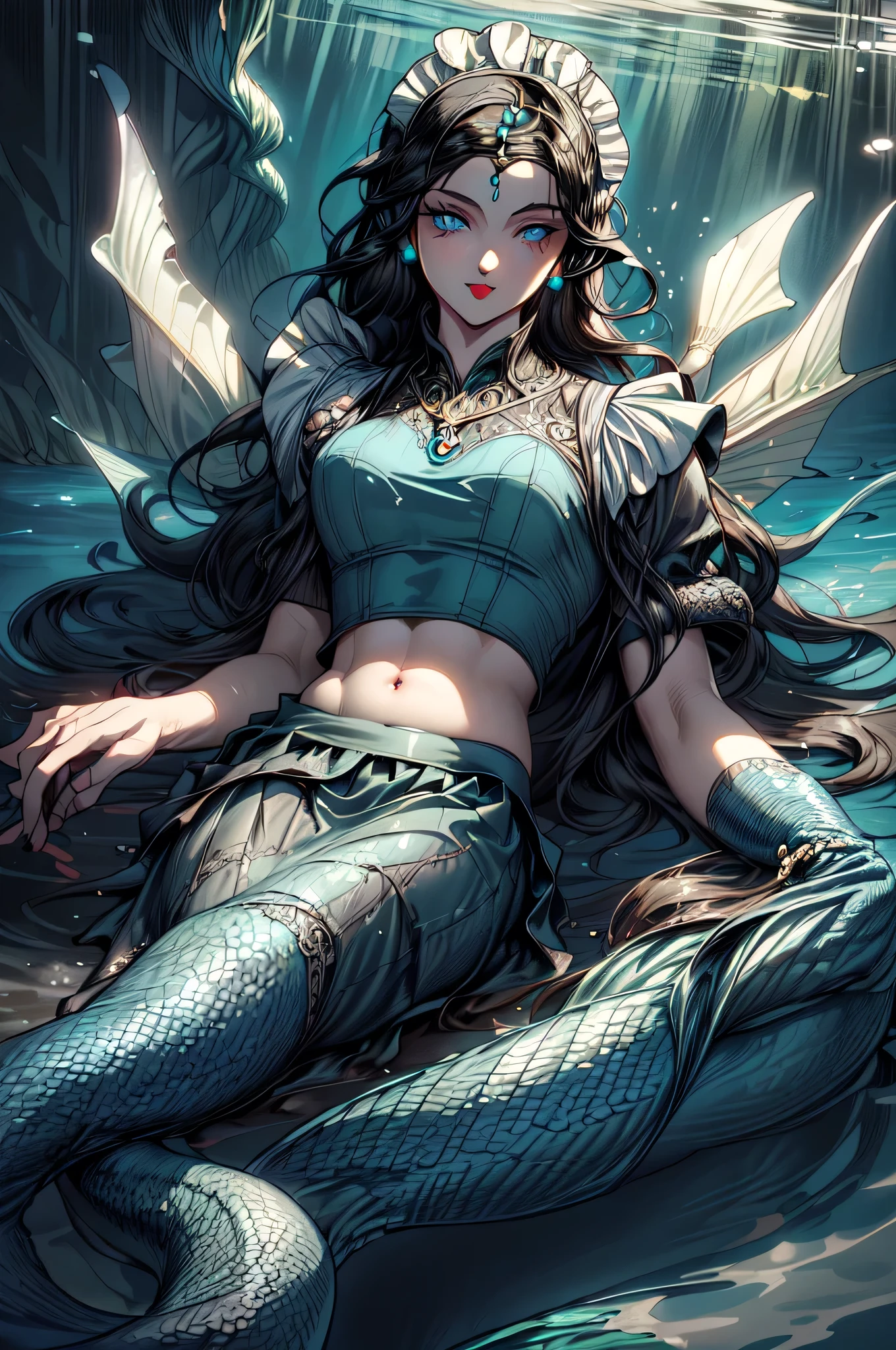 high details, best quality, 16k, ultra detailed, masterpiece, best quality, ((art deco style: 1.5)), full body, ultra wide shot, RAW, photorealistic, fantasy art, dnd art, rpg art, realistic art, an ultra wide picture of a mermaid under the sea (intricate details, Masterpiece, best quality: 1.4) , female mermaid, (blue: 1.3) skin, (green: 1,3) hair, long hair, swirling hair, intense eyes, small pointed ears, ((blue eyes)), ((glowing eyes)), wearing (black:1.3) ((maid outfit)) flowing ((maid outfit:1.4) wearing a ((flowing maid skirt: 1.5)), beautiful mermaid, you can see rich underwater life, fish, riff, dynamic fantasy blue beach background ((magical atmosphere)), high details, best quality, highres, ultra wide angle, SteampunkAI