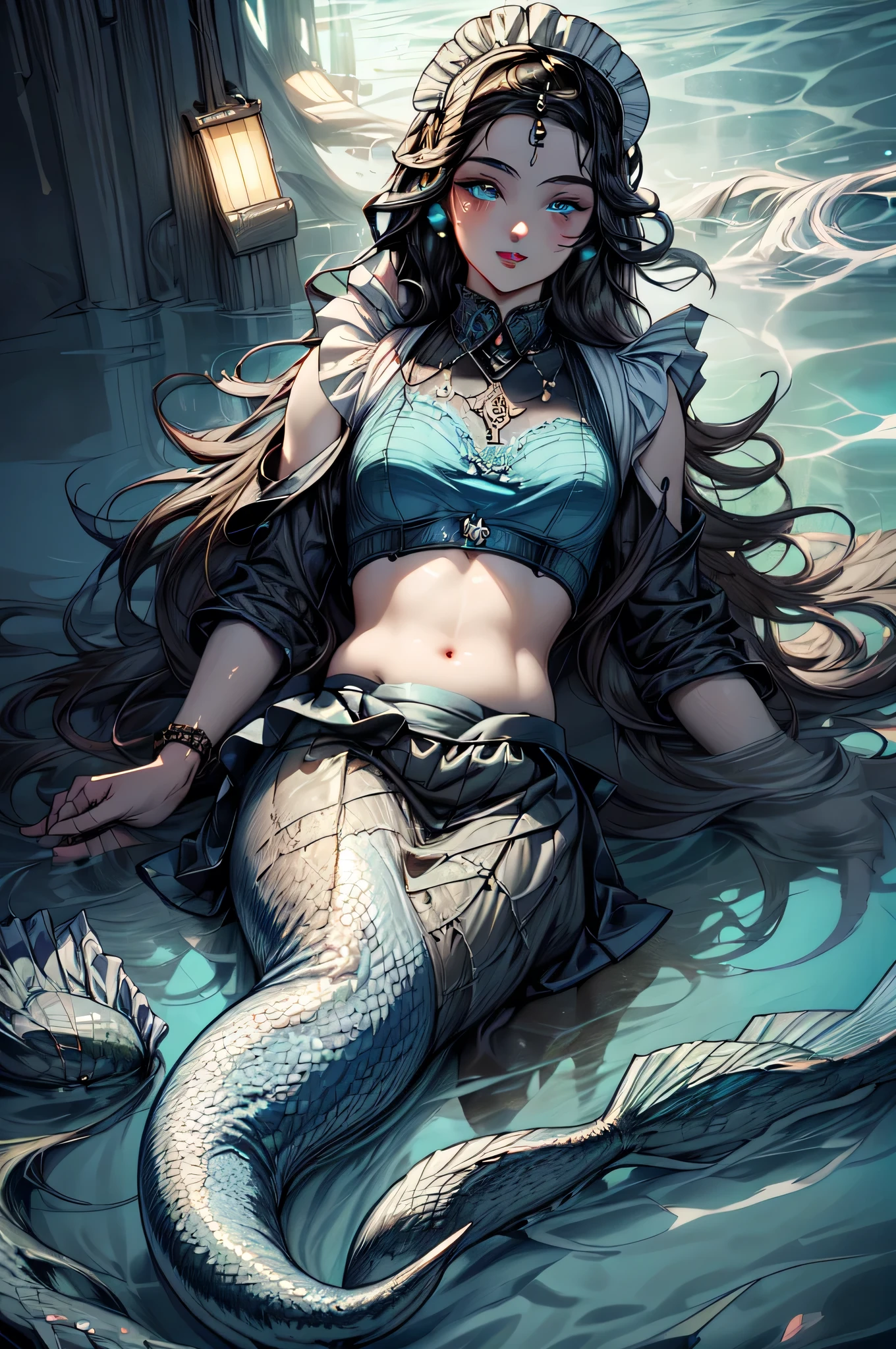 high details, best quality, 16k, ultra detailed, masterpiece, best quality, ((art deco style: 1.5)), full body, ultra wide shot, RAW, photorealistic, fantasy art, dnd art, rpg art, realistic art, an ultra wide picture of a mermaid under the sea (intricate details, Masterpiece, best quality: 1.4) , female mermaid, (blue: 1.3) skin, (green: 1,3) hair, long hair, swirling hair, intense eyes, small pointed ears, ((blue eyes)), ((glowing eyes)), wearing (black:1.3) ((maid outfit)) flowing ((maid outfit:1.4) wearing a ((flowing maid skirt: 1.5)), beautiful mermaid, you can see rich underwater life, fish, riff, dynamic fantasy blue beach background ((magical atmosphere)), high details, best quality, highres, ultra wide angle, SteampunkAI