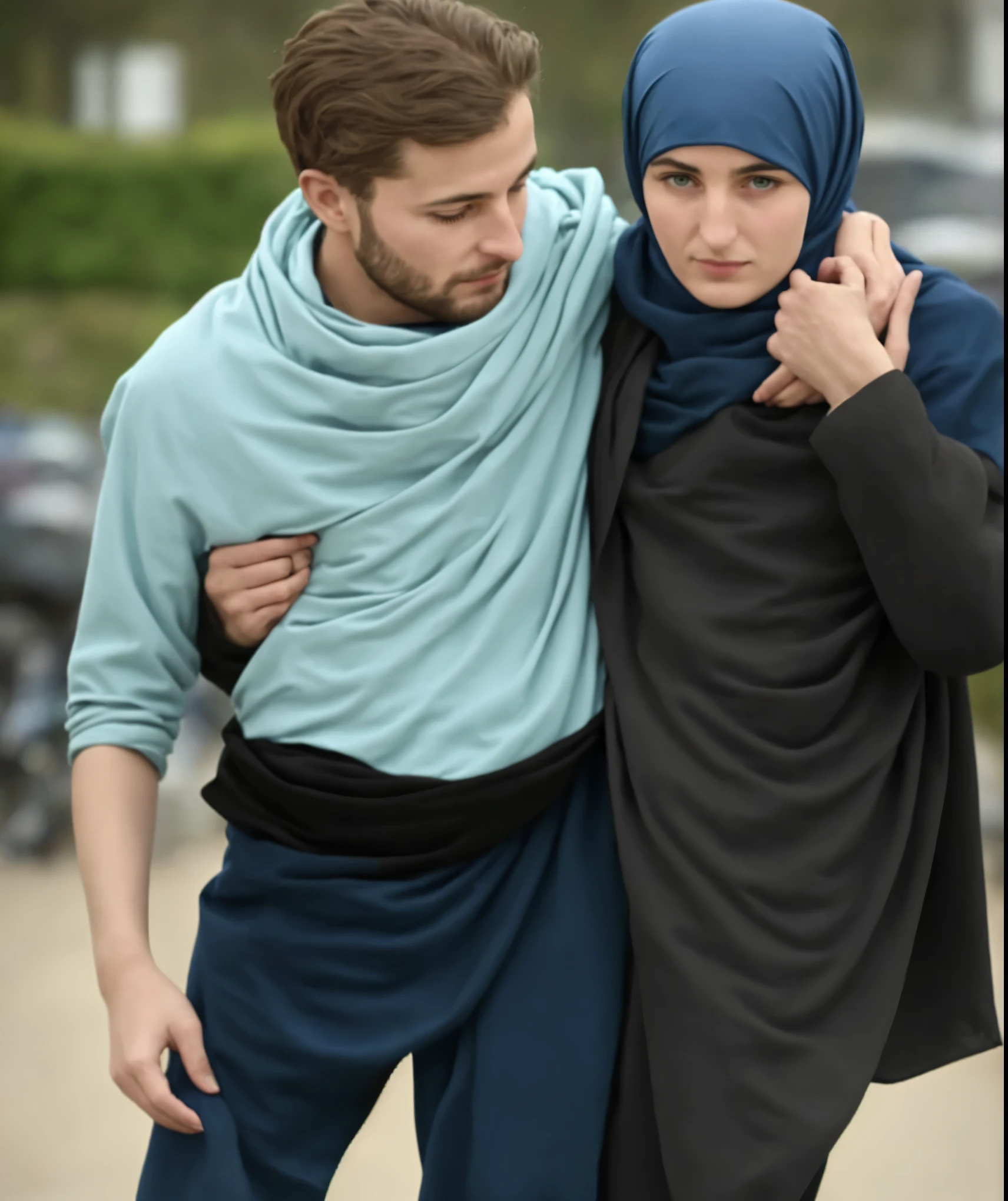 a muslim woman with headscarf and satin abaya on the right, on the left there is a young German man in a blue cotton shirt and jeans and a Syrian woman in a shiny plastic quilted coat and blue satin headscarf stand arm in arm in front of a refugee shelter, A German man in a cotton shirt and jeans is injured and is supported by a Syrian woman, A Syrian woman wearing a shiny plastic down coat supports an injured short-haired man, der nicht alleine gehen kann, A Syrian woman wearing a headscarf holds an injured short-haired man in her arms, Mitleid, Unfall, Verletzung, Erste Hilfe, Theater, ultra-realistisch, Foto