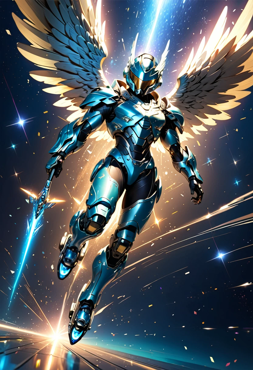 (masterpiece, best quality:1.1),
(ultra highres, ultra-detailed:1.2) ,male,God floating in air,Winged Helmet,(mechanical iron wings),rollerblade,Metallic Light bodysuit,(fullbody),divine,beautiful effects,(Flying through the air at high speed),(Glitter:1.5) ,(blue sparkle:1.5) ,