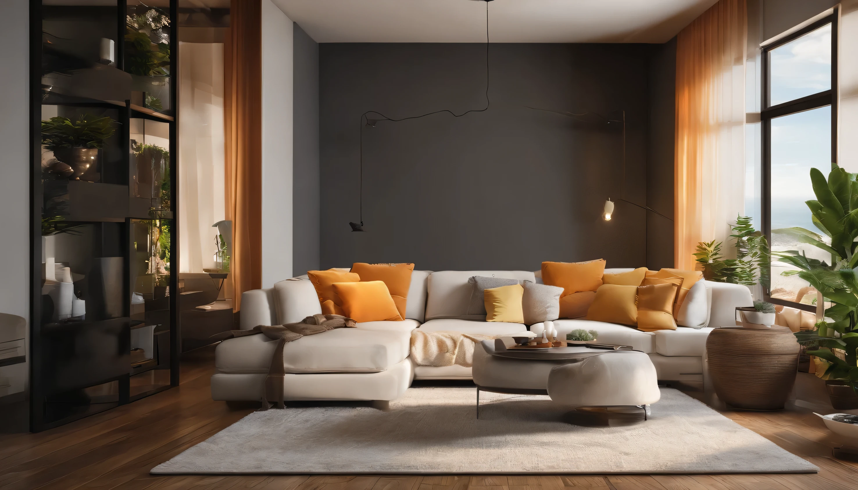 Describe a luxurious and detailed living room scene with the following specifications: * High-quality and precise rendering * Room size: 8K to 16K resolution * Room decorations: + White shag rug + Dark yellow wallpaper + White curtains + Orange cushion * Additional features: + 1 potted plant + Ocean-themed poster * Lighting: + Soft light from the morning sun (Asahi) + Brilliant light from the sun (sun) * Camera angle: wide-angle shot * Style: urban/ modernInspire me with the most vivid and realistic image possible, with every detail conveyed in high-definition." This rewritten prompt breaks down the original text into clear sections and provides specific requirements for each element, making it easier for ChatGPT to understand and generate the desired output accurately.