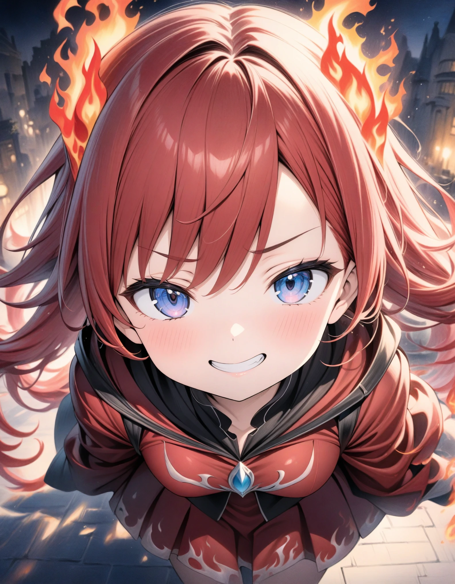 ((style:Colored pencil,pale colour)),(anime)、(masterpiece:1.2),atmospheric perspective,lens flare、Princess of Flame、Otherworldly fantasy、cute、Flames swirling all around、Red costume inspired by flames、Light effects、Fire effect、Slanted Eyes、Cheeky face、Red Hair