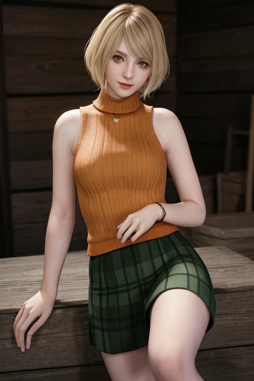 (masterpiece:1.2),highest quality,High resolution,unity 8k wallpaper,(illustrinion:1),perfect lighting,photograph_\(Moderate\),photographrealistic,realistic, 1 girl, One person in, looking for in viewer, outdoors,dark_shot, ashley graham, orange clothes, green plaid skirt, sleeveless, turtleneck, 1 girl, blonde_hair, feinhers, green_eye, looking for_in_viewer, realistic, short_hair, One person in, sweep_Front hair, upper_body, 1 girl, One person in, looking for_in_viewer, short_hair, Cocoa Brown_hair, green_eye, Jacket, upper_body, lips, leaf, freckles, realistic, background, armpits, armpits visible, sweaty armpits, 