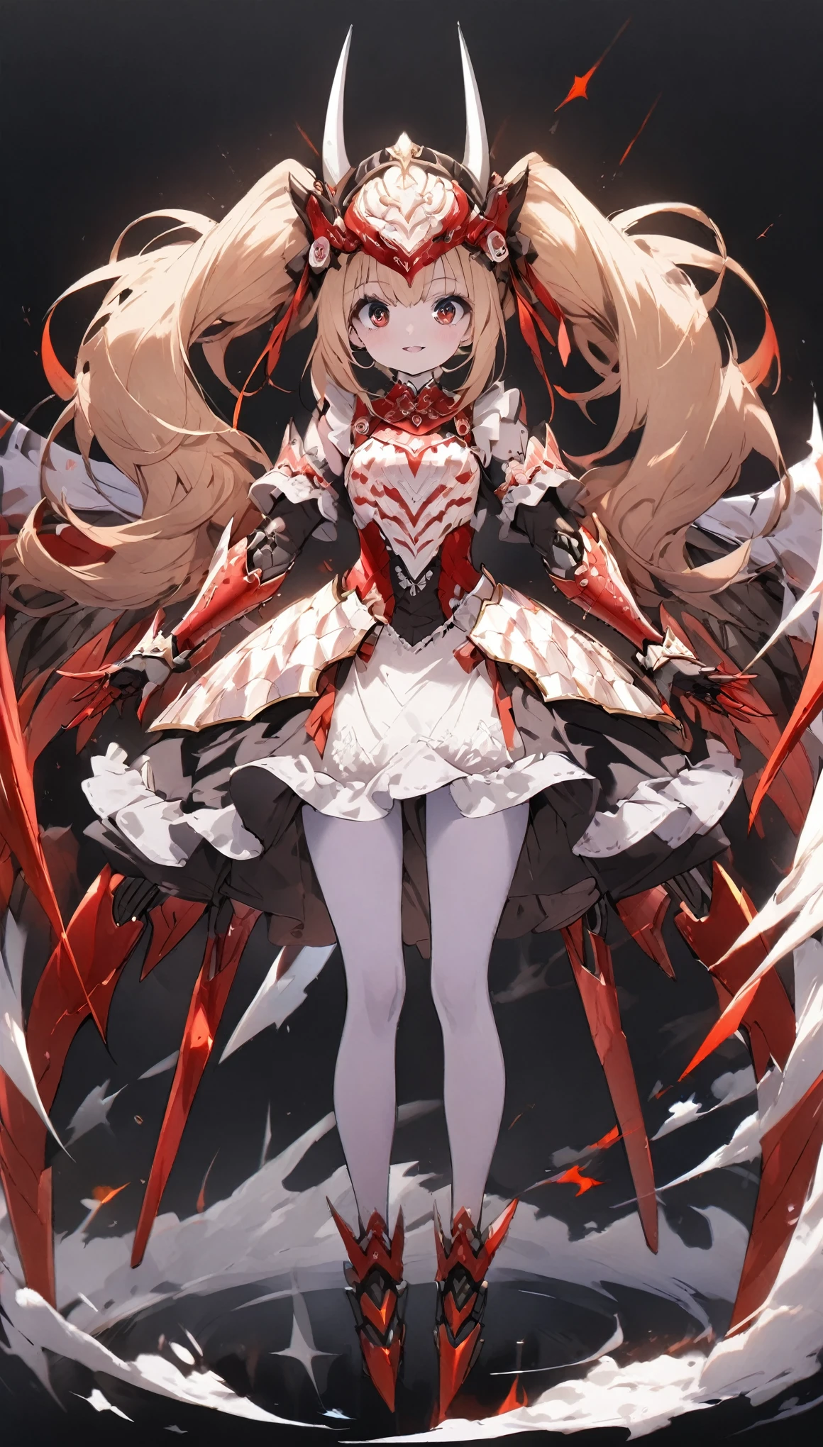 score_9, score_8_up, score_7_up, best quality ,masterpiece, 4k, Japanese anime, 1girl, (white skin:1.2), blonde hair, twin tails, blue ribbon, (mechanical dragonhorn:1.5), (mechanical wing:1.2), (eye lashes:1.3), (eye shadow:1.3),red eyes, (beautiful detailed eyes:1.4), laugh, 130cm tall, original character, fantasy, (black background:1.2), (full body:1.8), beautiful fingers, standing, (red white lace frill armor dress:1.5), (mechanical headdress:1.5) , shoot from front, looking at viewer ,