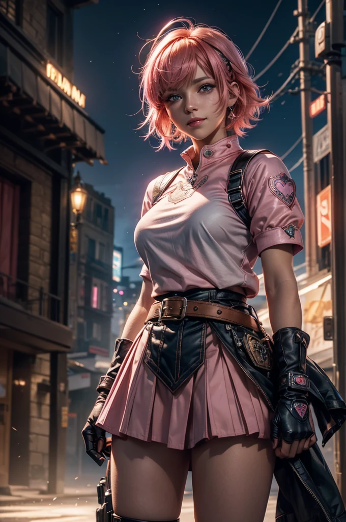 1girl,cowboy shot, beautiful nora_valkyrie, looking at viewer, smile, short hair, blue eyes,heart design on t-shirt, gloves, short jacket, pink skirt, pink belt, short sleeves, puffy sleeves, single armband, fingerless gloves, short hair, orange hair, pink gloves, dynamic pose, night, lightning, outdoors, city, (volumetric lighting), best quality, masterpiece, intricate details, tonemapping, sharp focus, hyper detailed, trending on Artstation,