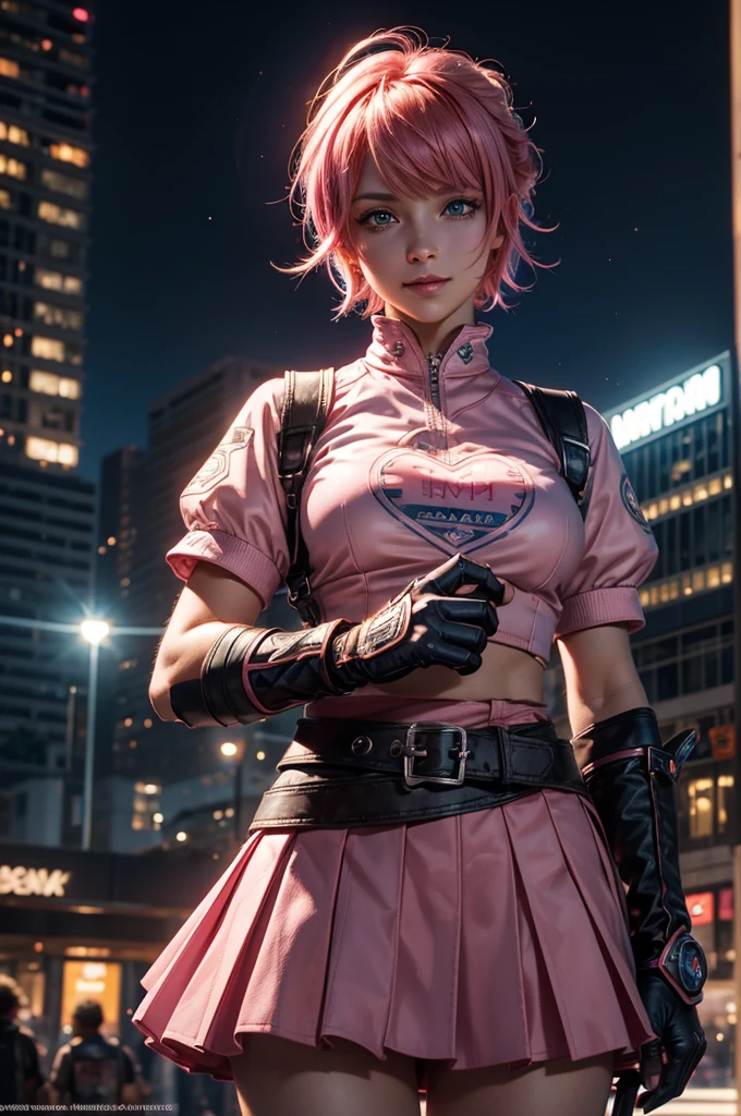 One girl,Cowboy Shot, Beautiful Nora_Valkyrie, View your viewers, smile, short hair, blue eyes,Heart Cutout, gloves, Jacket, Pink Skirt, Pink Belt, Short sleeve, Puffy sleeves, Wrist Seal, fingerless gloves, Orange Hair, pink gloves, Dynamic pose, night, Outdoor, city, (Volumetric lighting), Highest quality, masterpiece, Intricate details, Tone Mapping, Sharp focus, Super detailed, Trending on Art Station,