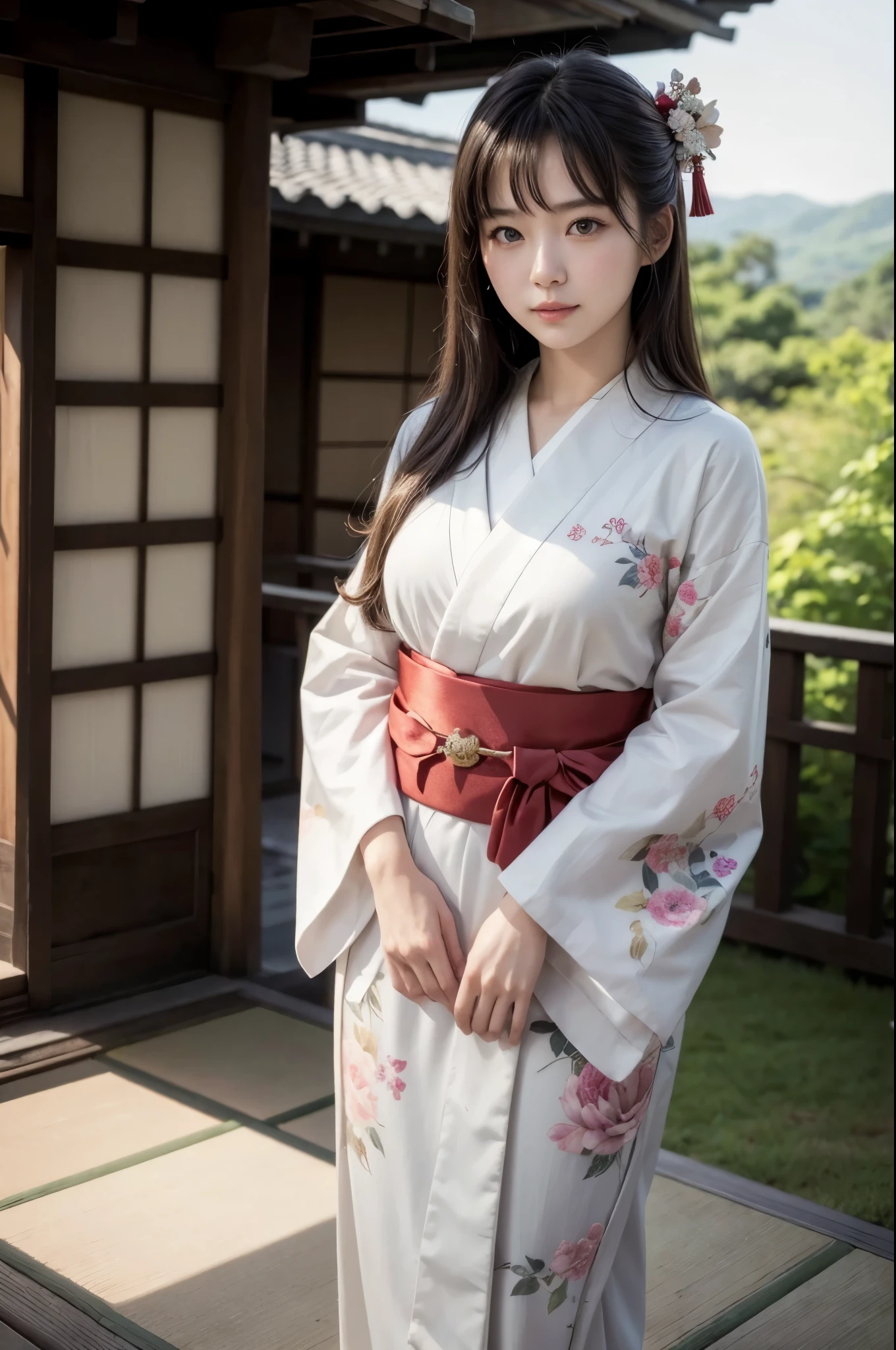 (masterpiece, highest quality, Realistic, High resolution, photograph, :1.3), Sharp focus, 1 Cute Japanese Girl, Hot Model, Highly detailed eyes and pupils, Realistic Skin, Highly detailed hair, Delicate face, Sensual look, Bright lips, Natural Lip, ((whole body shot)), standing pose, smile, (Furisode:1.5), (Floral:1.2), ((sash)), ((obi)), outside of home, (Japanese Style Country), full body,