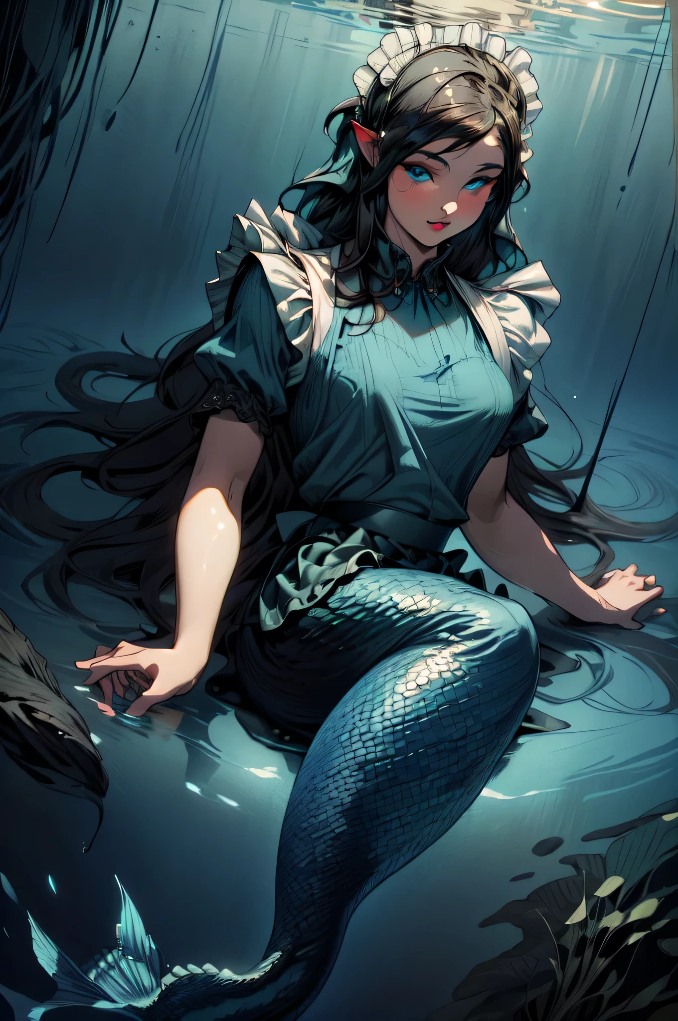 high details, best quality, 16k, ultra detailed, masterpiece, best quality, ((art deco style: 1.5)), full body, ultra wide shot, RAW, photorealistic, fantasy art, dnd art, rpg art, realistic art, an ultra wide picture of a mermaid under the sea (intricate details, Masterpiece, best quality: 1.4) , female mermaid, (blue: 1.3) skin, (green: 1,3) hair, long hair, swirling hair, intense eyes, small pointed ears, ((blue eyes)), ((glowing eyes)), wearing (black:1.3) ((maid outfit)) flowing ((maid outfit:1.4) wearing a ((flowing maid skirt: 1.5)), beautiful mermaid, you can see rich underwater life, fish, riff, dynamic fantasy blue beach background ((magical atmosphere)), high details, best quality, highres, ultra wide angle, SteampunkAI