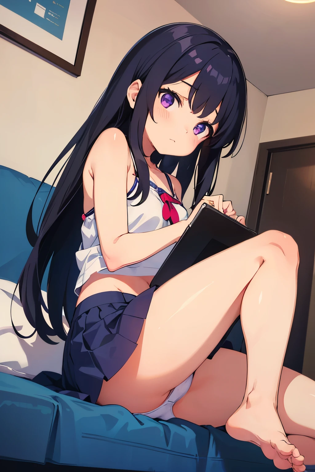 , 8 years old, A cup breas hair, long hair, purple eyes （one person） Plain white camisole on the upper body, navy blue mini skirt on the lower body, white panties（（I can see her panties）） Barefoot Girls Room 　Sitting （（I can see your chest）） Dynamic angle Low angle
