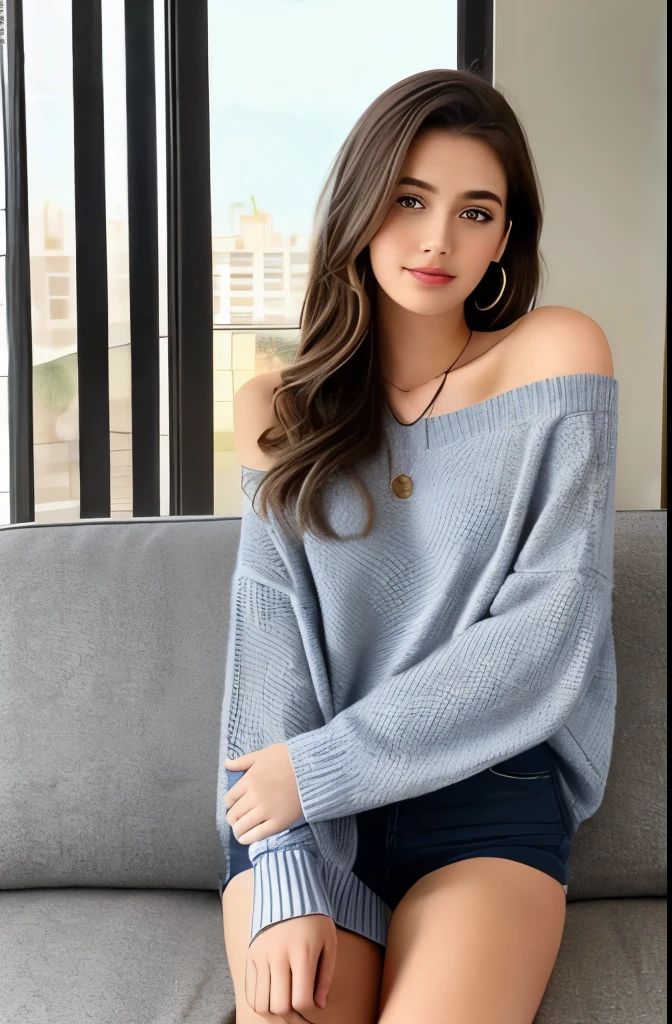 One Girl, 19 years old, alone, Long Hair, huge , View Viewer, Blonde, Exposing shoulders, Brown eyes, gem, whole body, necklace, Off the shoulder, sweater, Realistic, Sexy