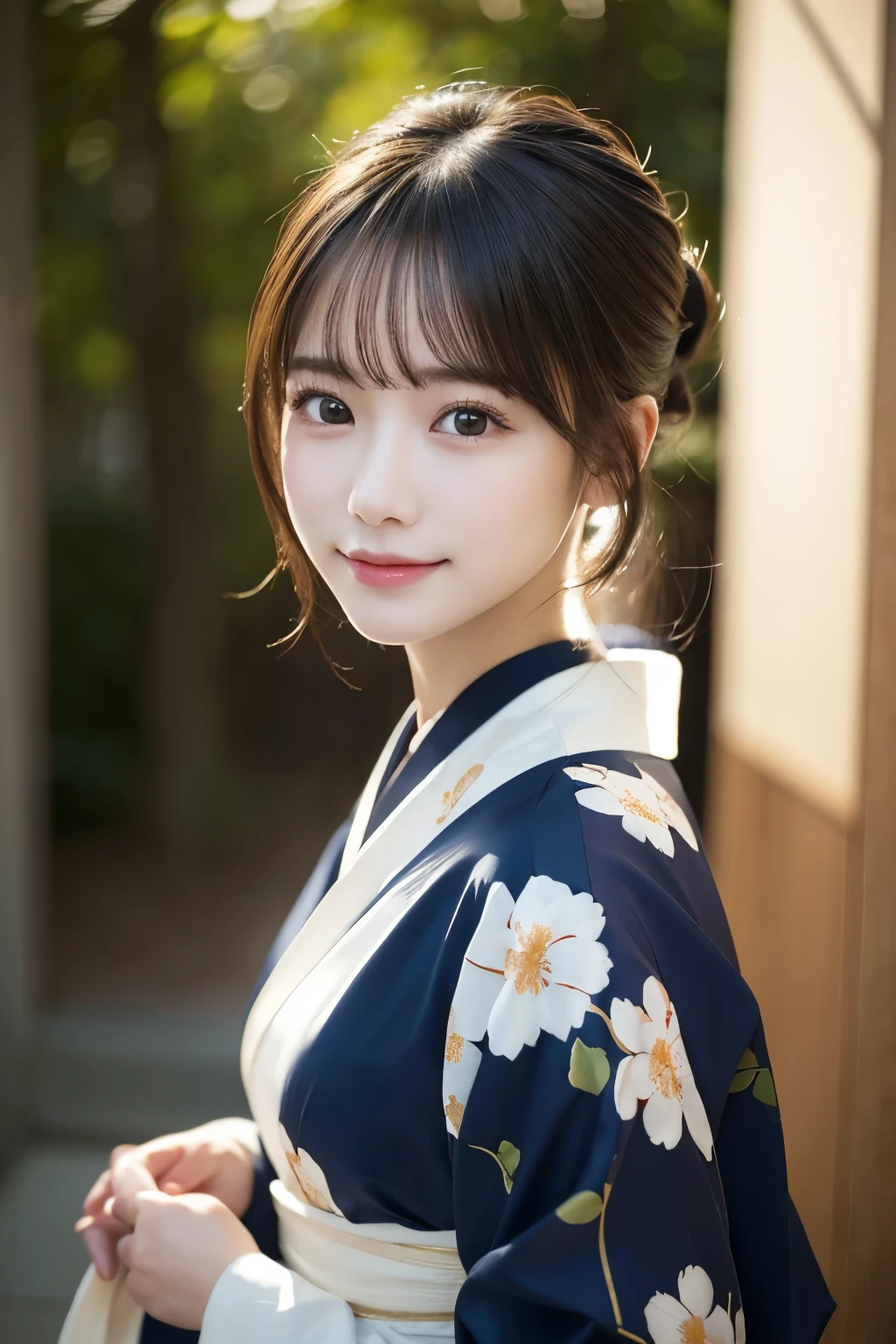 （kimono）、(highest quality、8k、High resolution、masterpiece:1.2)、Very detailed、(Realistic、photoRealistic、photo-Realistic:1.3)、Bokeh、Portraiture、smile、(Beautiful and detailed eyes、beautiful girl、Young face、Detailed face、No makeup)、A little backlight、Depth of written boundary、chromatic aberration、Use natural light and color、Wide range of lighting、Natural Shading、Caustics