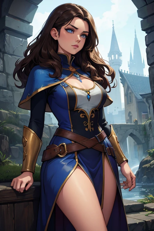A woman with medium brown wavy hair, 20 years old, with beautiful blue eyes, medieval mage, medieval heroine, portrait, detailed face, digital painting, fantasy art, intricate details, cinematic lighting, dramatic lighting, elegant, highly detailed, masterpiece, photorealistic, hyper detailed, boots