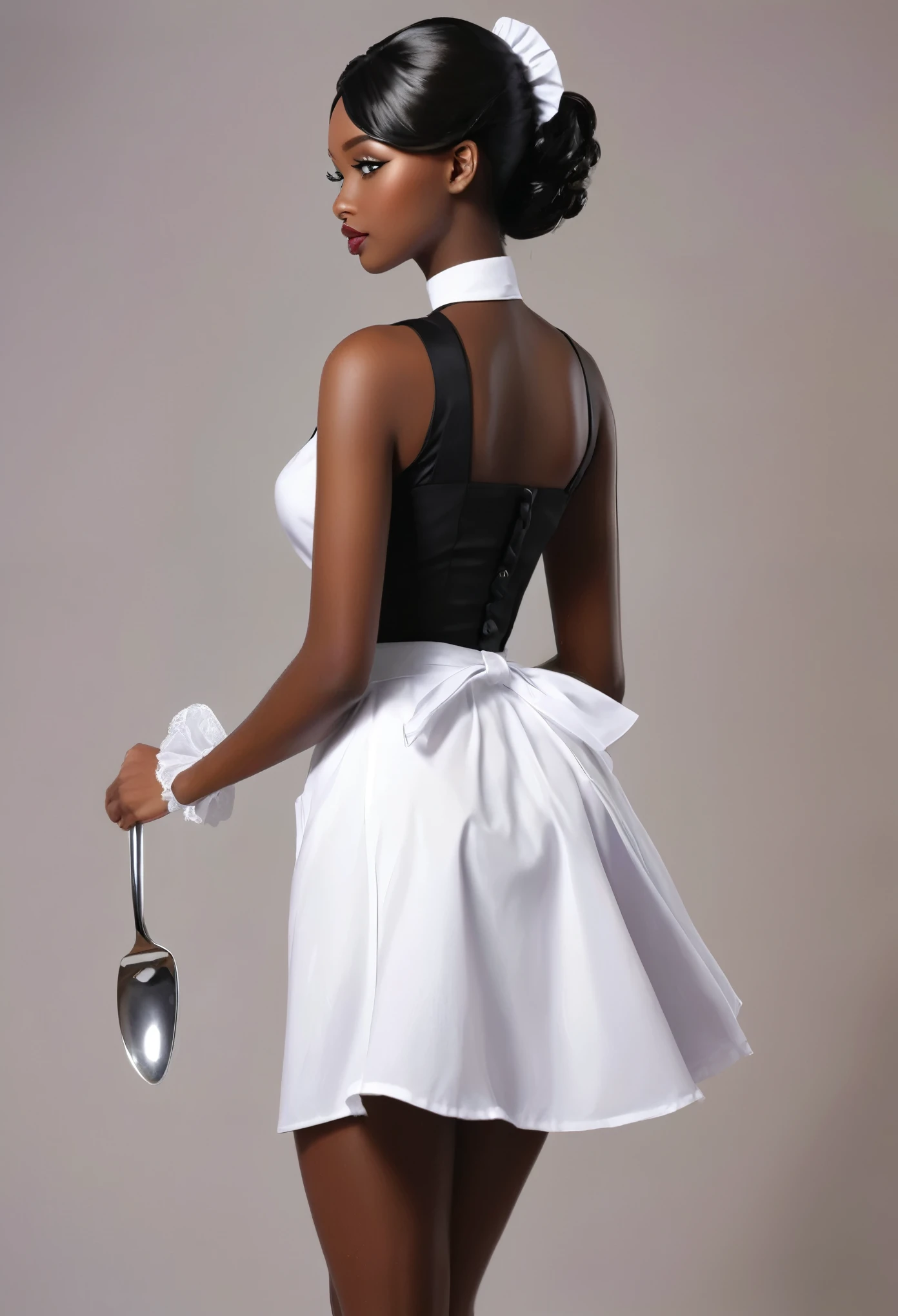 (masterpiece, best quality:1.2),wavy hair maid，Solitary,Exquisite eyes,Delicate black hair，Charming eye shadow( Black person:1.2)( dark skin:1.2)，african man,( Smooth skin:1.2)( Wear a maid uniform:1.2)， Slender body proportions，Wet sexy plump lips，Long legs，Perfect fingers，High heel，( Back pose 1.2), (Rear view 1.2)