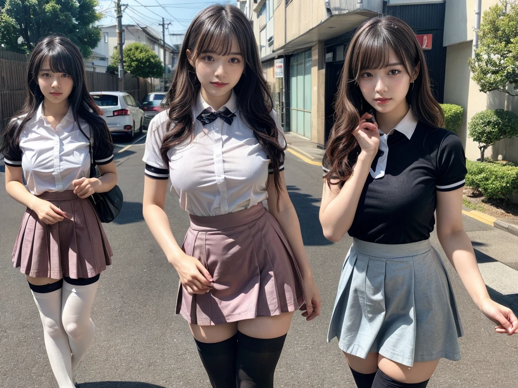 masterpiece, best quality, illustration, Super detailed, fine details, High resolution, 8K,wall paper, perfect dynamic composition,(Details High quality, realistic depiction of eyes:1.3), (2girls), standing, short hair, (wavy hair:1.2), (short sleeve collared dress shirt,tight skirt,thighhighs,zettai ryouiki:1.4), black hair color, Big Natural Color Lip, bold sexy pose, crying a little, Harajuku style、acrobatic pose, 20 year old girl、cute type、lolita、beautiful legs, gravure idol, Japanese idol, huge breasts