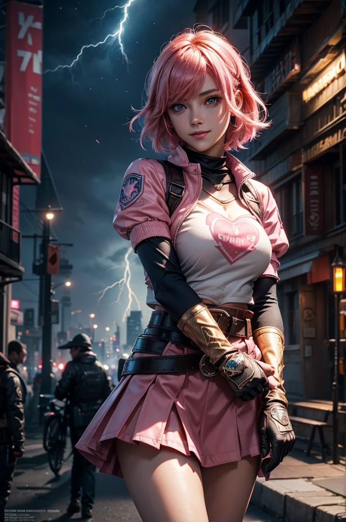 1girl,cowboy shot, beautiful nora_valkyrie, looking at viewer, smile, short hair, blue eyes,heart design on t-shirt, gloves, jacket, pink skirt, pink belt, short sleeves, puffy sleeves, single armband, fingerless gloves, short hair, orange hair, pink gloves, dynamic pose, night, lightning, outdoors, city, (volumetric lighting), best quality, masterpiece, intricate details, tonemapping, sharp focus, hyper detailed, trending on Artstation,
