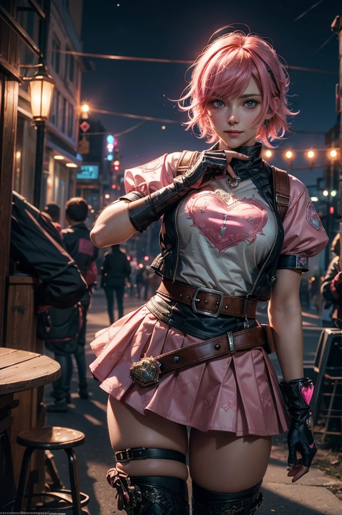 1girl,cowboy shot, beautiful nora_valkyrie, looking at viewer, smile, short hair, blue eyes,heart design on t-shirt, gloves, jacket, pink skirt, pink belt, short sleeves, puffy sleeves, single armband, fingerless gloves, short hair, orange hair, pink gloves, dynamic pose, night, lightning, outdoors, city, (volumetric lighting), best quality, masterpiece, intricate details, tonemapping, sharp focus, hyper detailed, trending on Artstation,