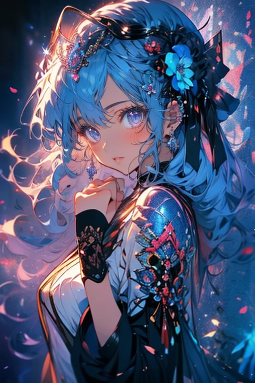 (masterpiece)、(highest quality)、Highly detailed face、Anime Girls、1 girl、Light blue hair、blue eyes、Long Hair、smile、Blue Butterfly々、Fantasy、flower