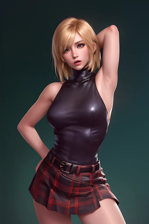 (masterpiece:1.2),highest quality,High resolution,unity 8k wallpaper,(illustrinion:1),perfect lighting,photograph_\(Moderate\),photographrealistic,realistic, 1 girl, One person in, looking for in viewer, outdoors,dark_shot, aya brea, orange clothes, black plaid skirt, sleeveless, turtleneck, 1 girl, blonde_hair, feinhers, green_eye, looking for_in_viewer, realistic, short_hair, One person in, sweep_Front hair, upper_body, 1 girl, One person in, looking for_in_viewer, short_hair, Cocoa Brown_hair, green_eye, Jacket, upper_body, lips, leaf, freckles, realistic, background, put hands on head ,armpits, armpits visible, sweaty armpits, 