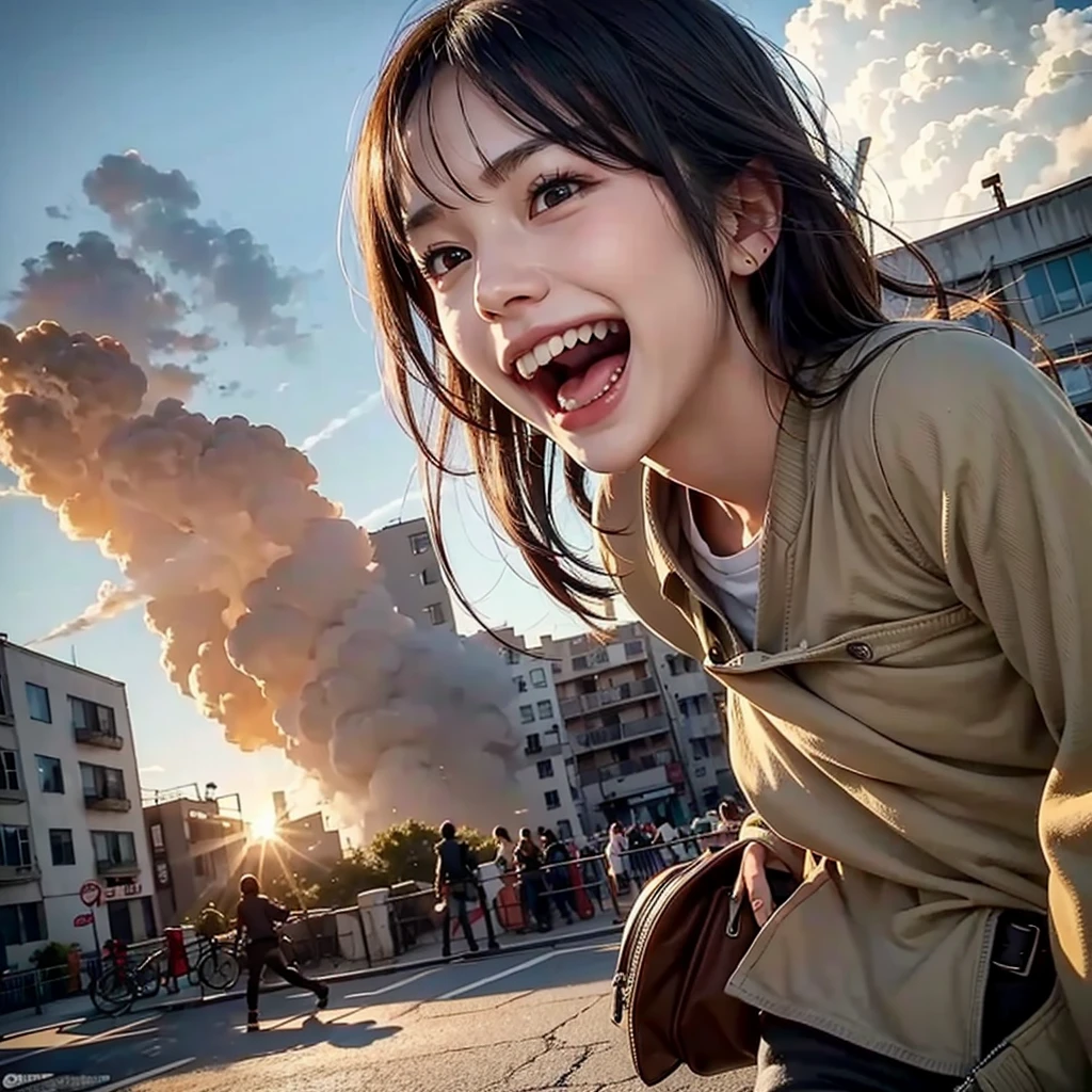 Attack on cute Titan girl,smiling,breaking buildings,