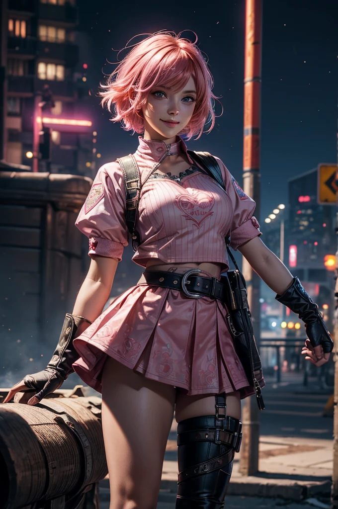 1girl,cowboy shot, beautiful nora_valkyrie, looking at viewer, smile, short hair, blue eyes,heart design on t-shirt, gloves, jacket, pink skirt, pink belt, short sleeves, puffy sleeves, single armband, fingerless gloves, short hair, orange hair, pink gloves, dynamic pose, night, lightning, outdoors, city, (volumetric lighting), best quality, masterpiece, intricate details, tonemapping, sharp focus, hyper detailed, trending on Artstation,
